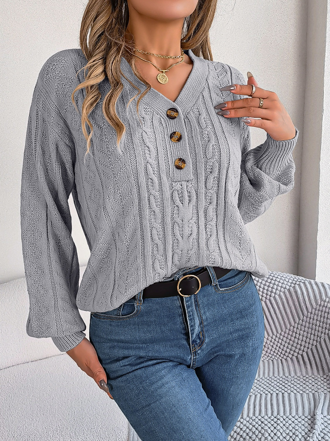 Cable-Knit V-Neck Long Sleeve Sweater-TOPS / DRESSES-[Adult]-[Female]-2022 Online Blue Zone Planet