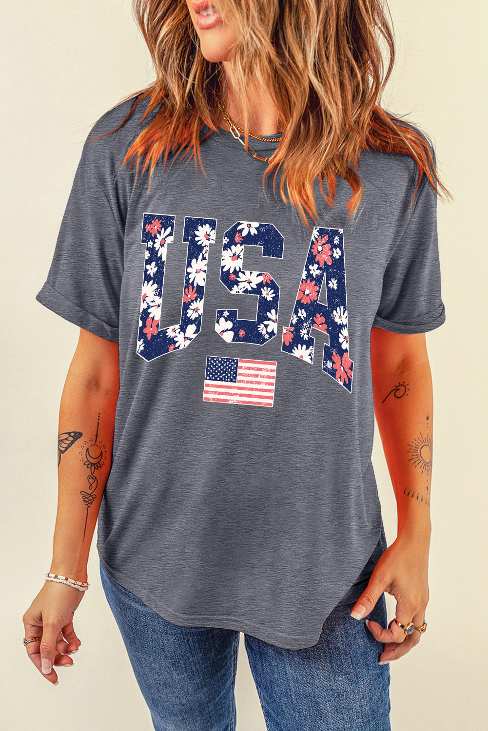 Gray Blooming USA Flag Print Casual T Shirt-Graphic/Graphic Tees-[Adult]-[Female]-2022 Online Blue Zone Planet