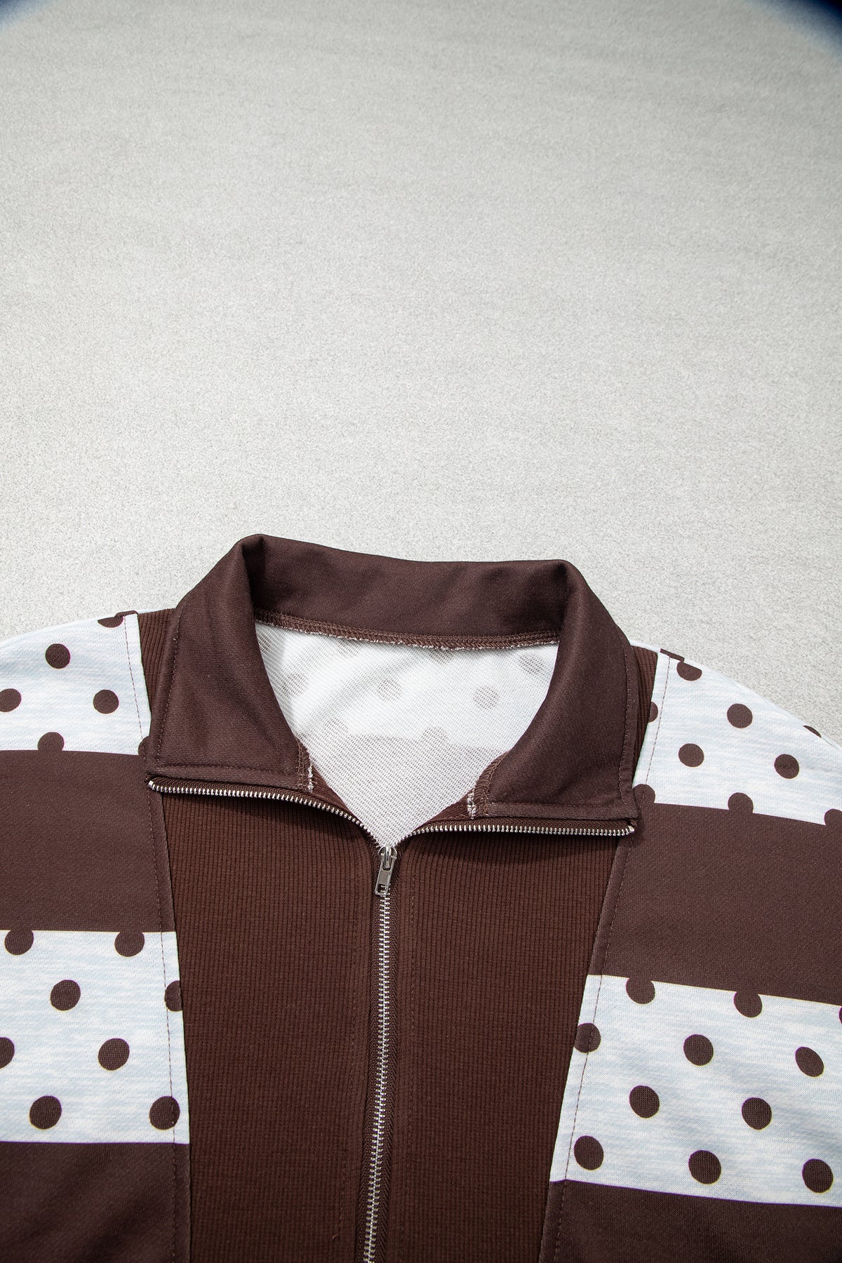 Brown Stripe Patchwork Polka Dot Accent Quarter Zip Long Sleeve Top-Tops/Long Sleeve Tops-[Adult]-[Female]-2022 Online Blue Zone Planet