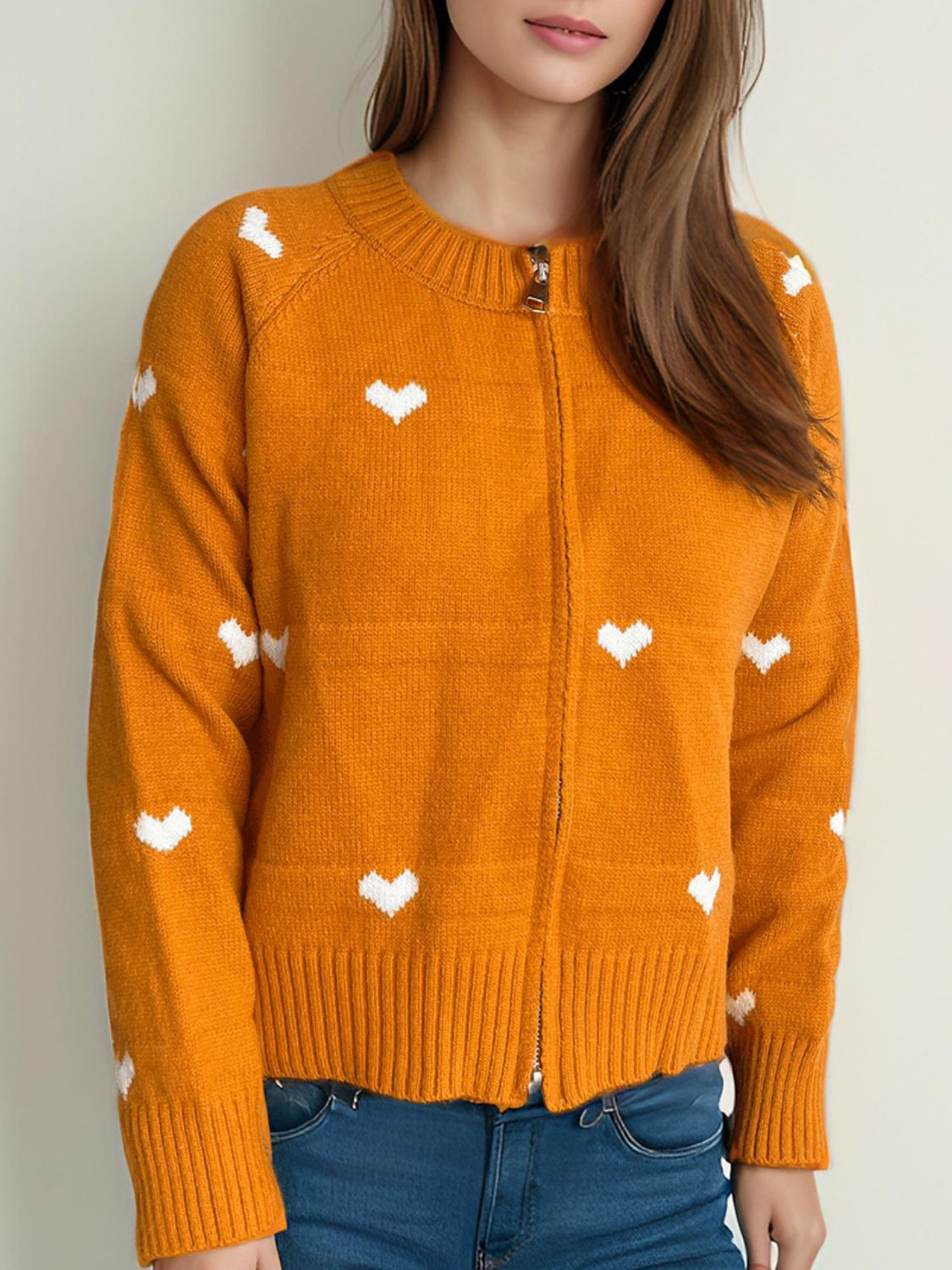 Heart Round Neck Zip Up Cardigan-NEW ARRIVALS-[Adult]-[Female]-Tangerine-One Size-2022 Online Blue Zone Planet