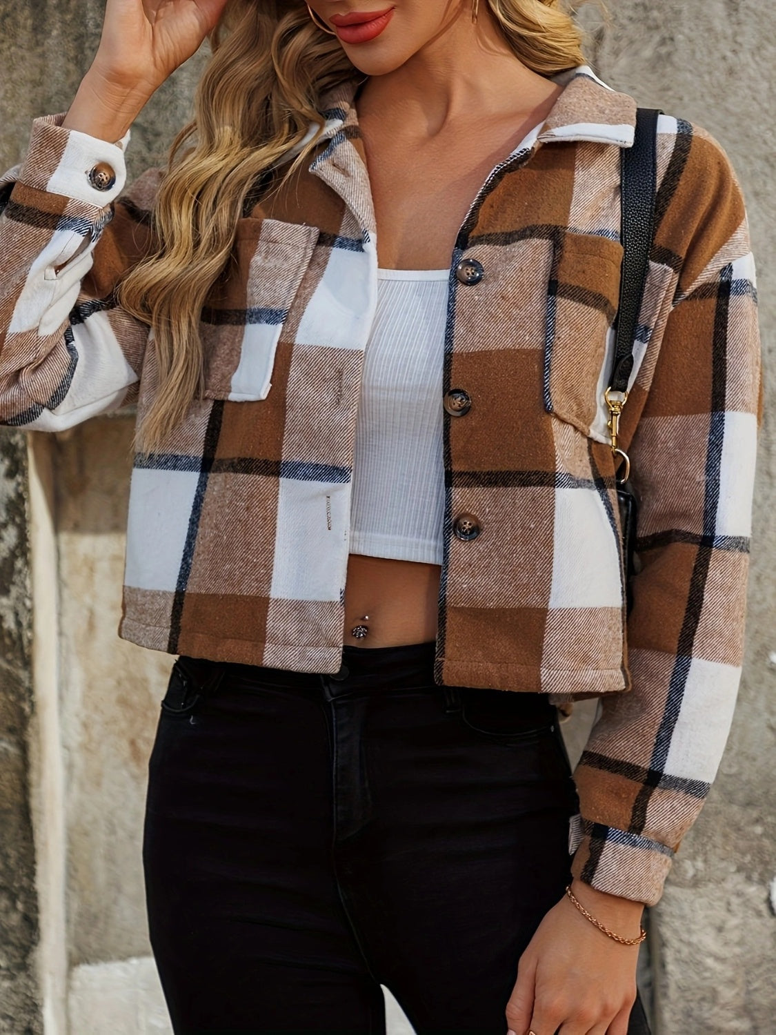 Plaid Collared Neck Cropped Jacket-TOPS / DRESSES-[Adult]-[Female]-Caramel-S-2022 Online Blue Zone Planet