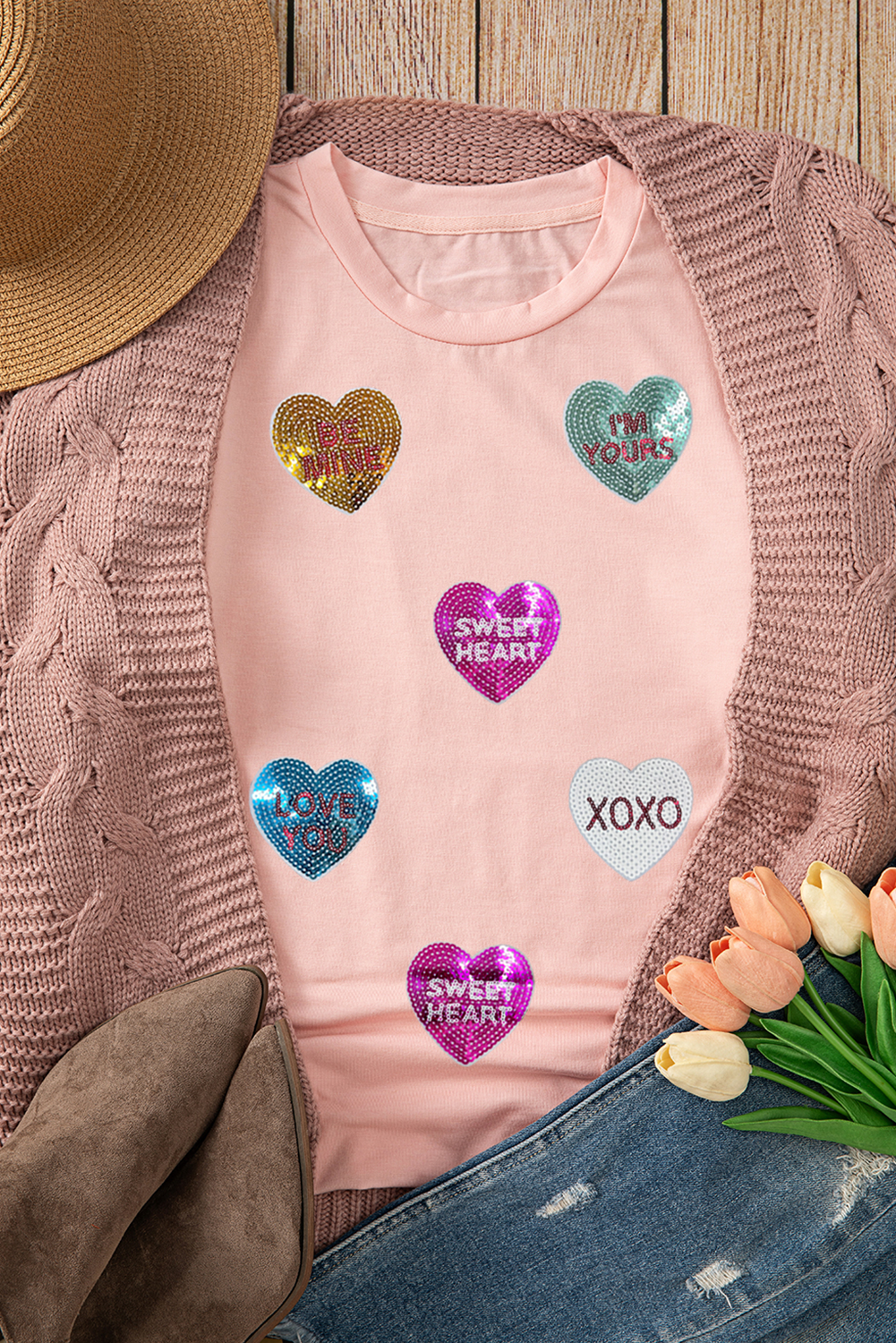 Pink Sequin Valentines Lettering Heart Patched Crewneck T Shirt-Graphic/Graphic Tees-[Adult]-[Female]-2022 Online Blue Zone Planet