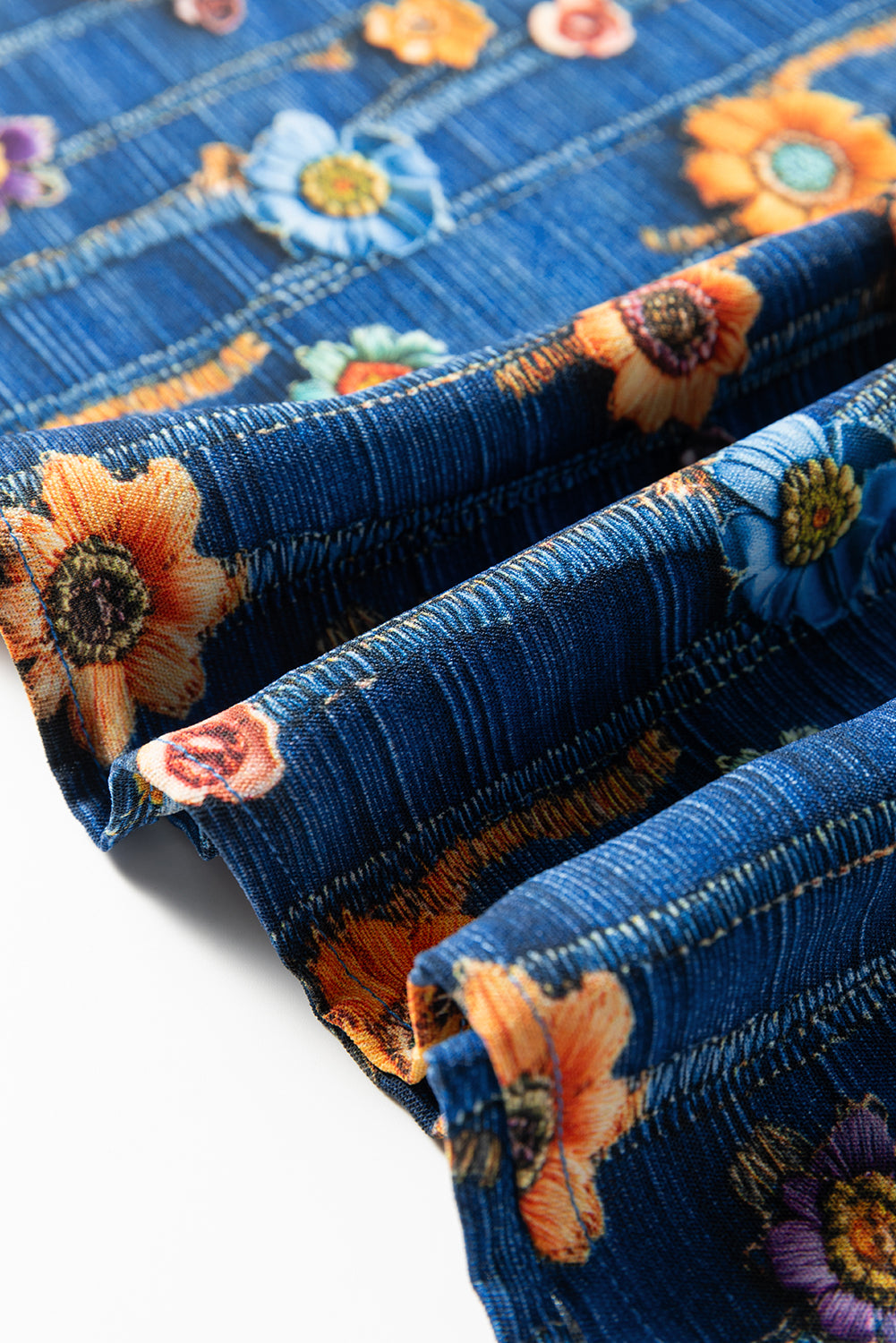 Blue Floral Collared V Neck Roll Up Sleeve Shift Blouse-Tops/Blouses & Shirts-[Adult]-[Female]-2022 Online Blue Zone Planet