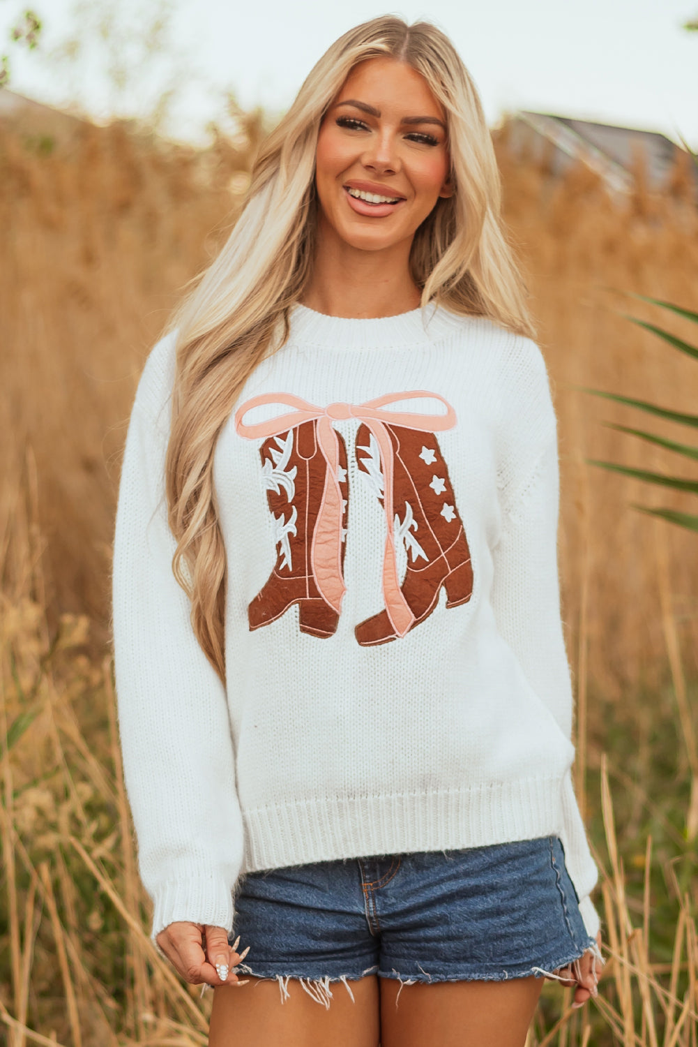 White Embroidered Bow Boots Graphic Drop Shoulder Sweater-TOPS / DRESSES-[Adult]-[Female]-2022 Online Blue Zone Planet