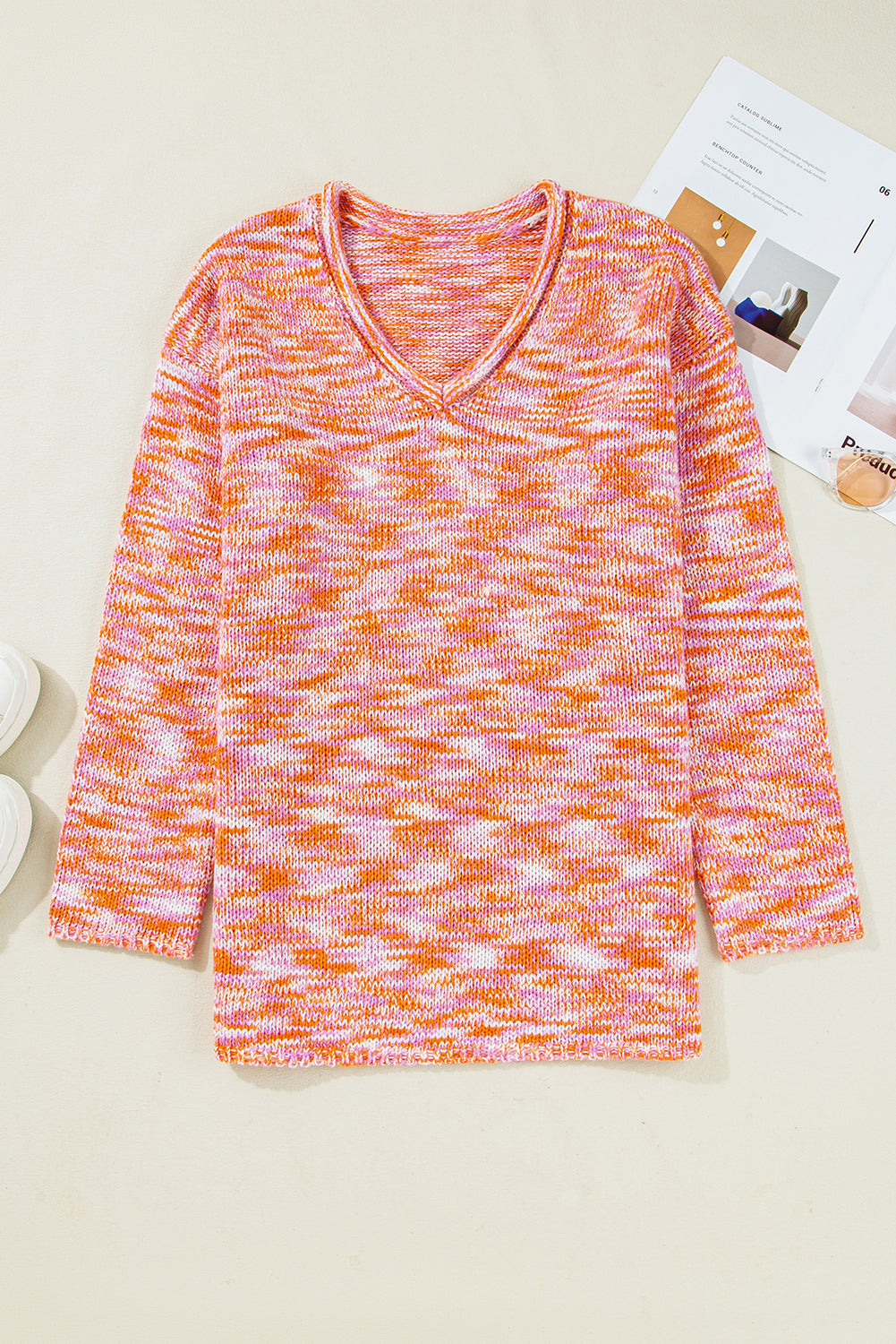 Orange Vibrant Abstract Print Drop Shoulder V Neck Tunic Oversized Sweater-Sweaters & Cardigans/Sweaters-[Adult]-[Female]-2022 Online Blue Zone Planet