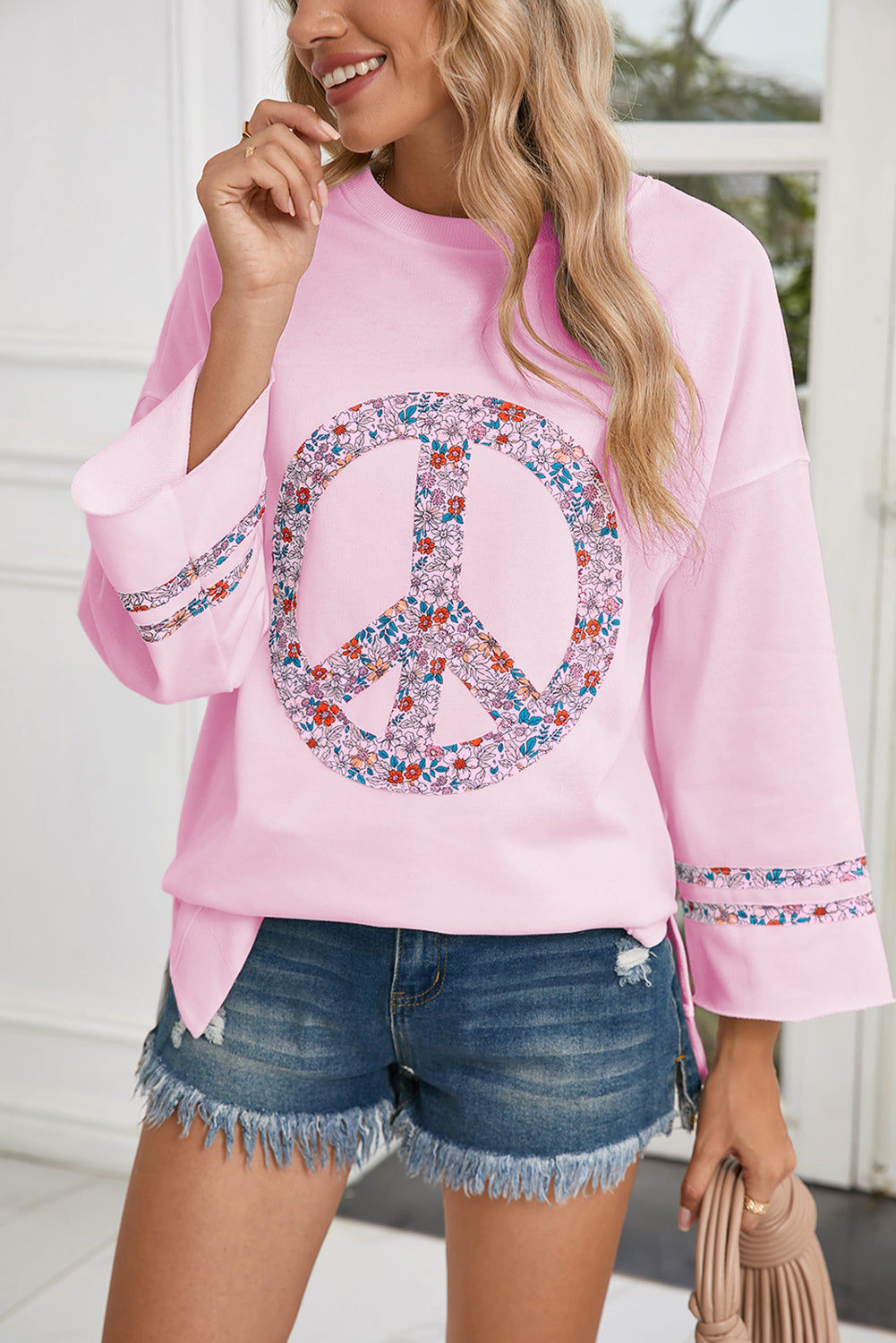 Light Pink Floral Peace Sign Drop Shoulder Top-Long Sleeve Tops-[Adult]-[Female]-2022 Online Blue Zone Planet