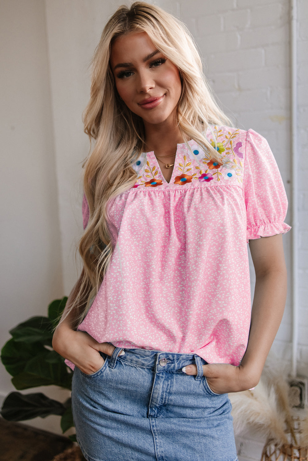 Pink Floral Embroidered Puff Sleeve Notched V Neck Blouse-Tops/Blouses & Shirts-[Adult]-[Female]-Pink-S-2022 Online Blue Zone Planet