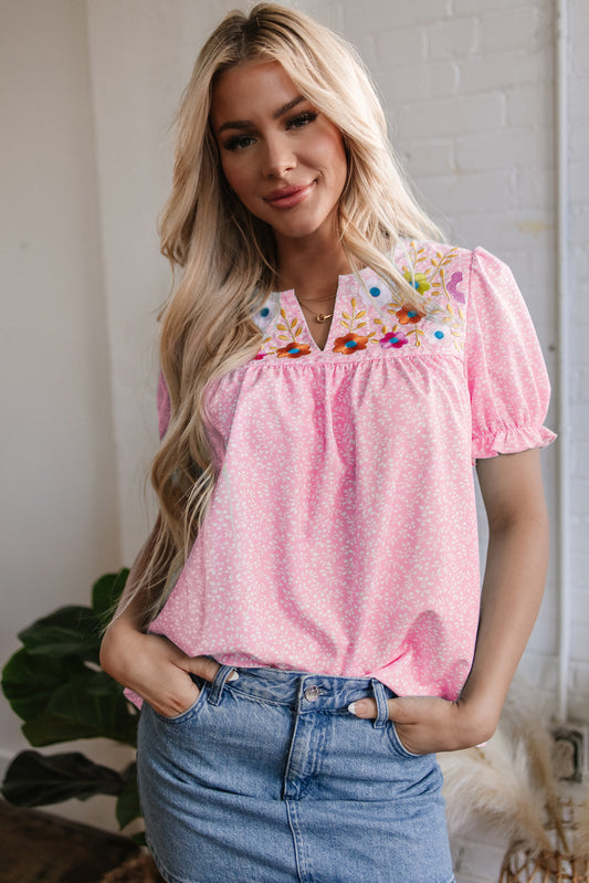 Pink Floral Embroidered Puff Sleeve Notched V Neck Blouse-Tops/Blouses & Shirts-[Adult]-[Female]-Pink-S-2022 Online Blue Zone Planet