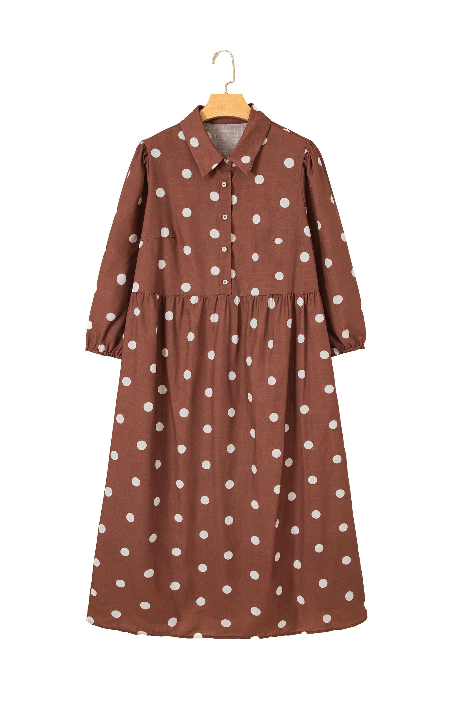 Brown Polka Dot V Neck Abdomen Pocket Gathered Cuffs Long Sleeve Shift Plus Size Dress-TOPS / DRESSES-[Adult]-[Female]-2022 Online Blue Zone Planet