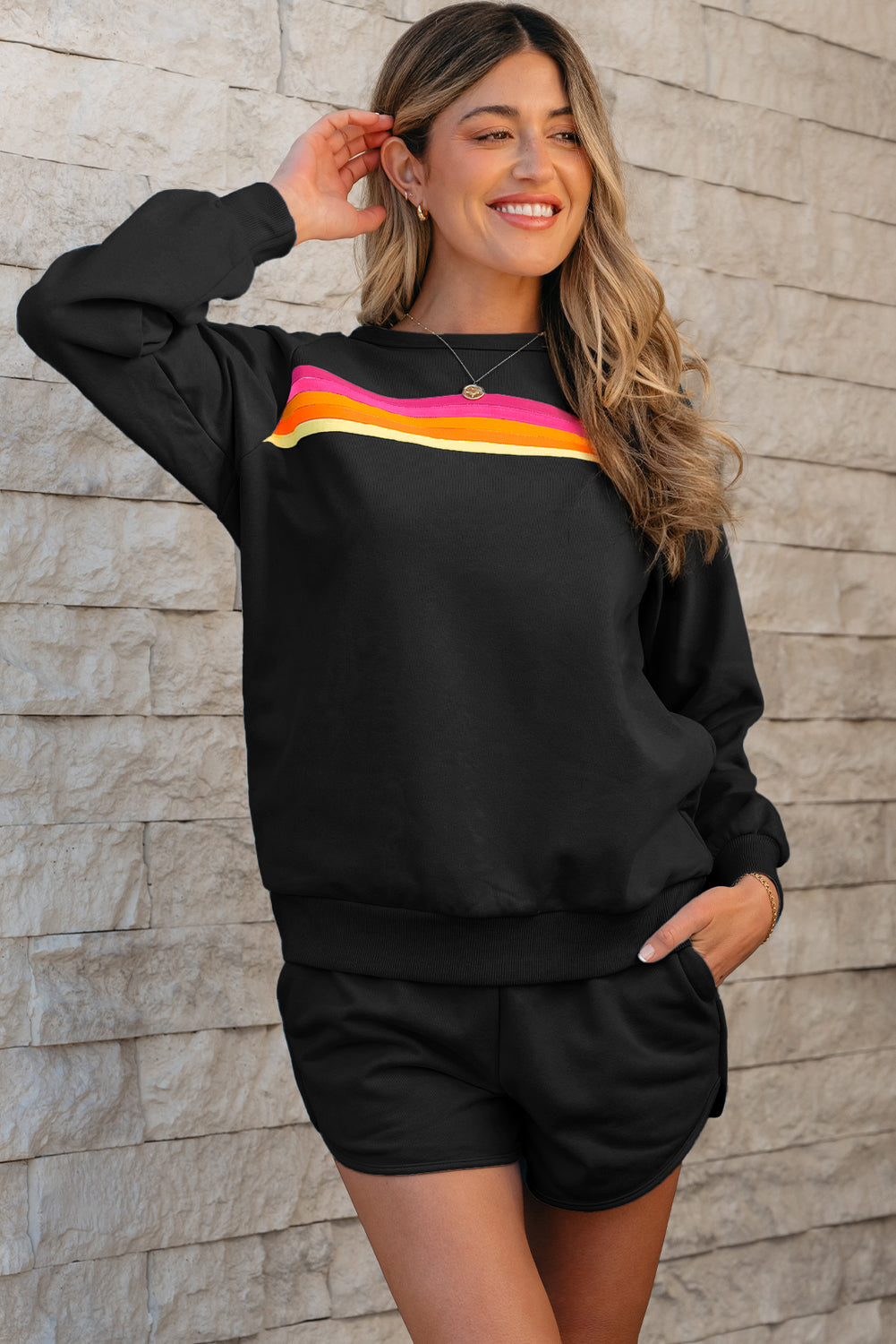 Apricot Striped Accent Pullover and Shorts Two Piece Casual Set