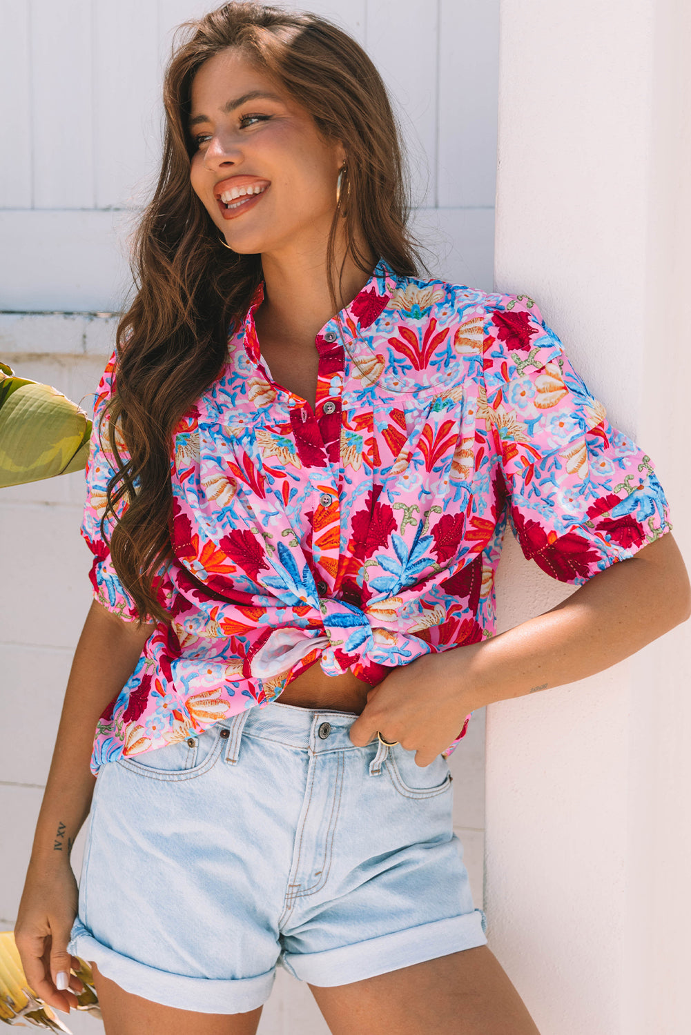 Pink Floral Print Bubble Sleeve Button Up Pleated Shirt-Tops/Blouses & Shirts-[Adult]-[Female]-2022 Online Blue Zone Planet