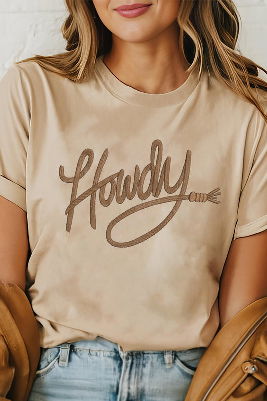 Khaki Howdy Embroidered Graphic Western Tee-Graphic/Graphic Tees-[Adult]-[Female]-Khaki-S-2022 Online Blue Zone Planet