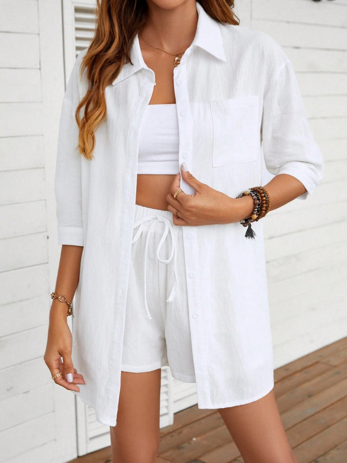 Dropped Shoulder Button Up Shirt and Shorts Set-TOPS / DRESSES-[Adult]-[Female]-White-S-2022 Online Blue Zone Planet