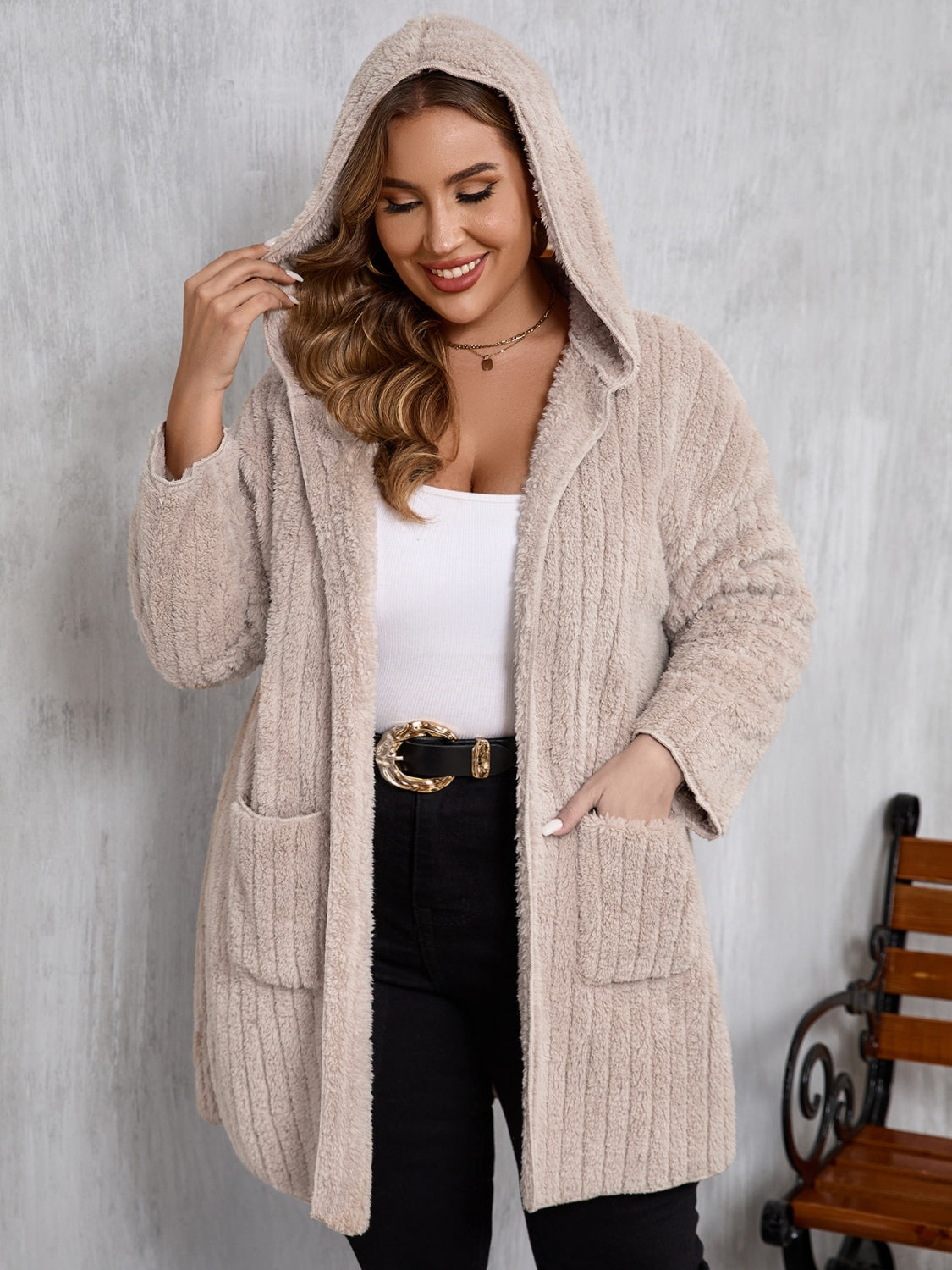 Plus Size Open Front Long Sleeve Hooded Fuzzy Jacket-TOPS / DRESSES-[Adult]-[Female]-2022 Online Blue Zone Planet