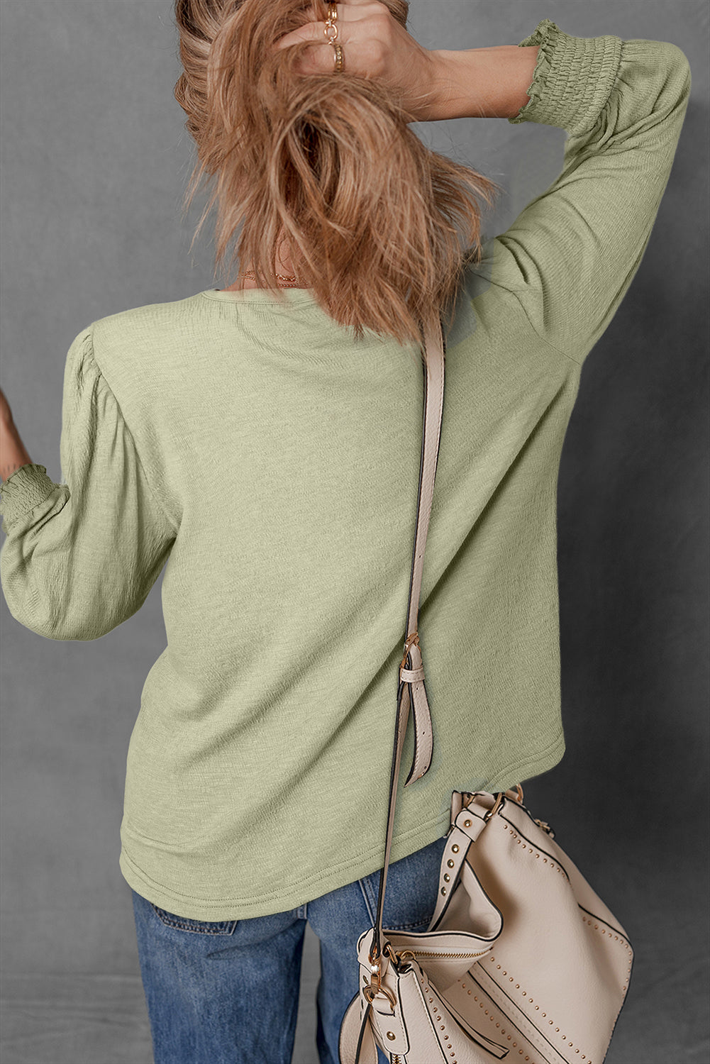 Laurel Green Textured Round Neck Half Sleeve Blouse-Tops/Blouses & Shirts-[Adult]-[Female]-2022 Online Blue Zone Planet