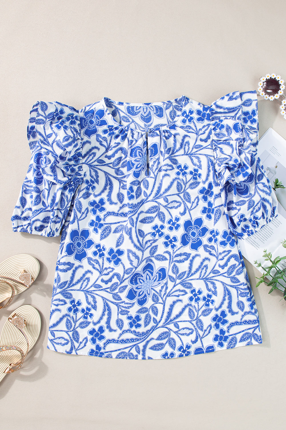 Dark Blue Floral Print Ruffled Bubble Sleeve Blouse-Tops/Blouses & Shirts-[Adult]-[Female]-2022 Online Blue Zone Planet