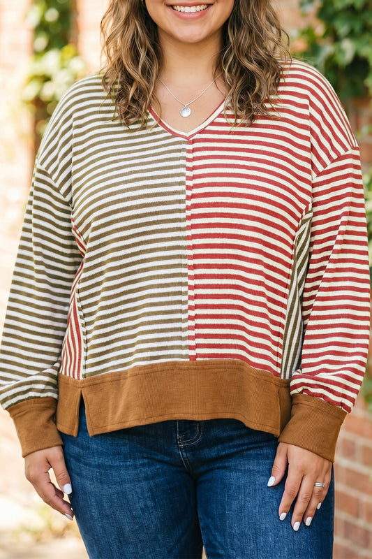 Brown Stripe Striped Colorblock V Neck Oversized Long Sleeve Plus Size Blouse-Plus Size/Plus Size Tops/Plus Size Long Sleeve Tops-[Adult]-[Female]-Brown Stripe-1X-2022 Online Blue Zone Planet