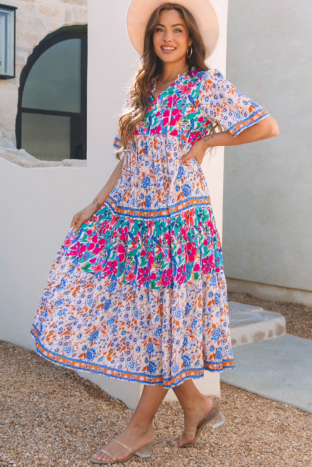 Sky Blue Mixed Floral Print Tie Split Neck Short Sleeve Dress-TOPS / DRESSES-[Adult]-[Female]-2022 Online Blue Zone Planet