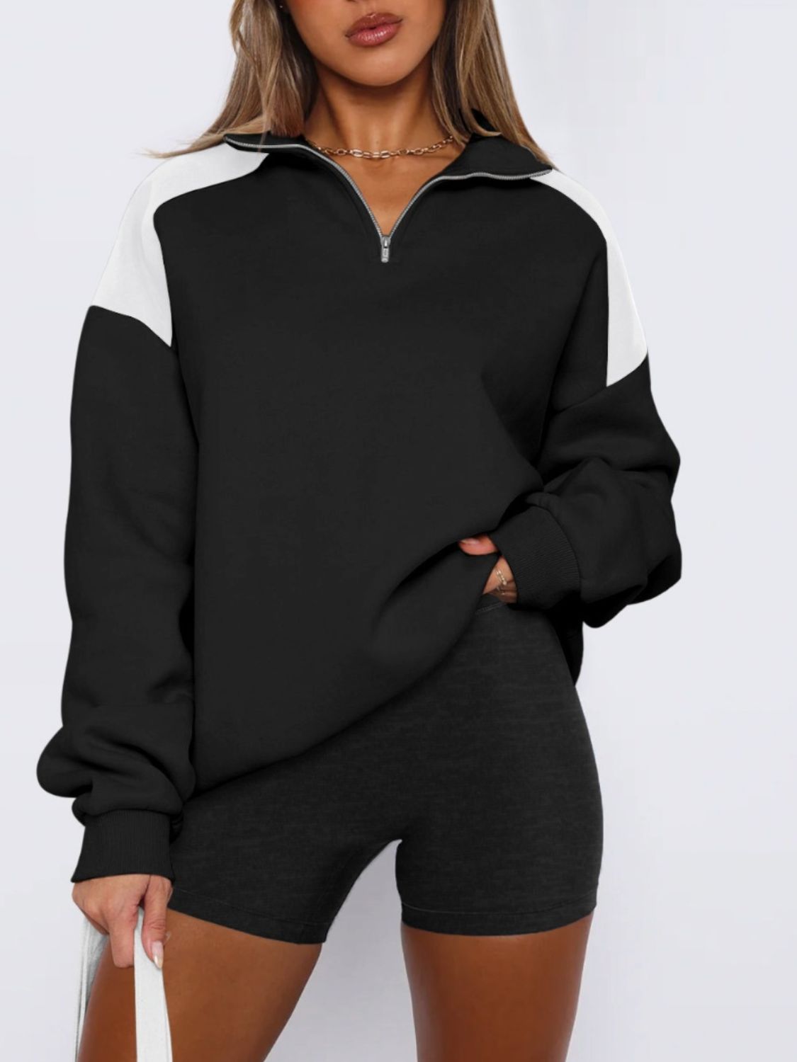 Contrast Quarter Zip Long Sleeve Sweatshirt-TOPS / DRESSES-[Adult]-[Female]-Black-S-2022 Online Blue Zone Planet