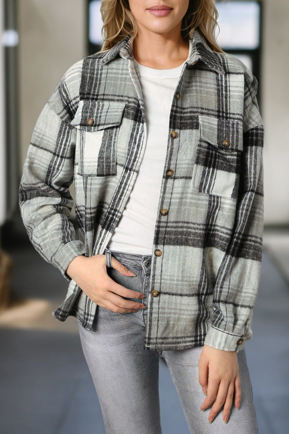 Plaid Dropped Shoulder Shacket-TOPS / DRESSES-[Adult]-[Female]-Gray-L-2022 Online Blue Zone Planet