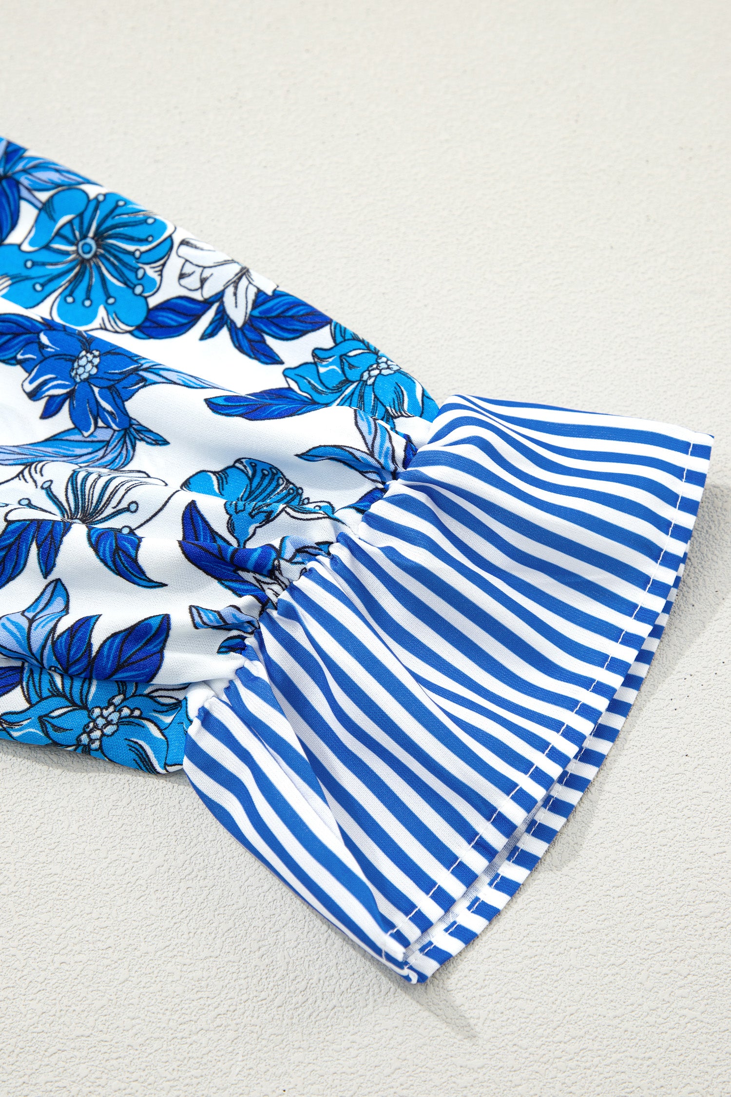 Sky Blue Floral Print Striped Patchwork Long Flounce Sleeve Ricrac Trim V Neck Blouse-Tops/Blouses & Shirts-[Adult]-[Female]-2022 Online Blue Zone Planet