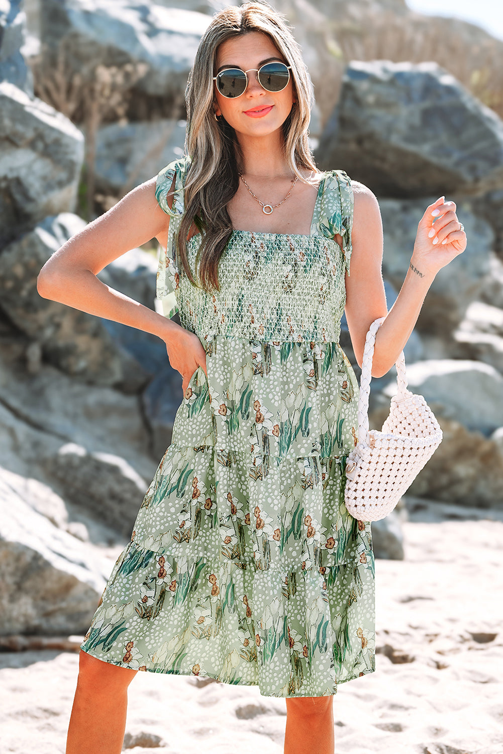 zara green frill dress Sunny Angela Women's Floral Knotted Strap Smocked Tiered Ruffle Mini Dress