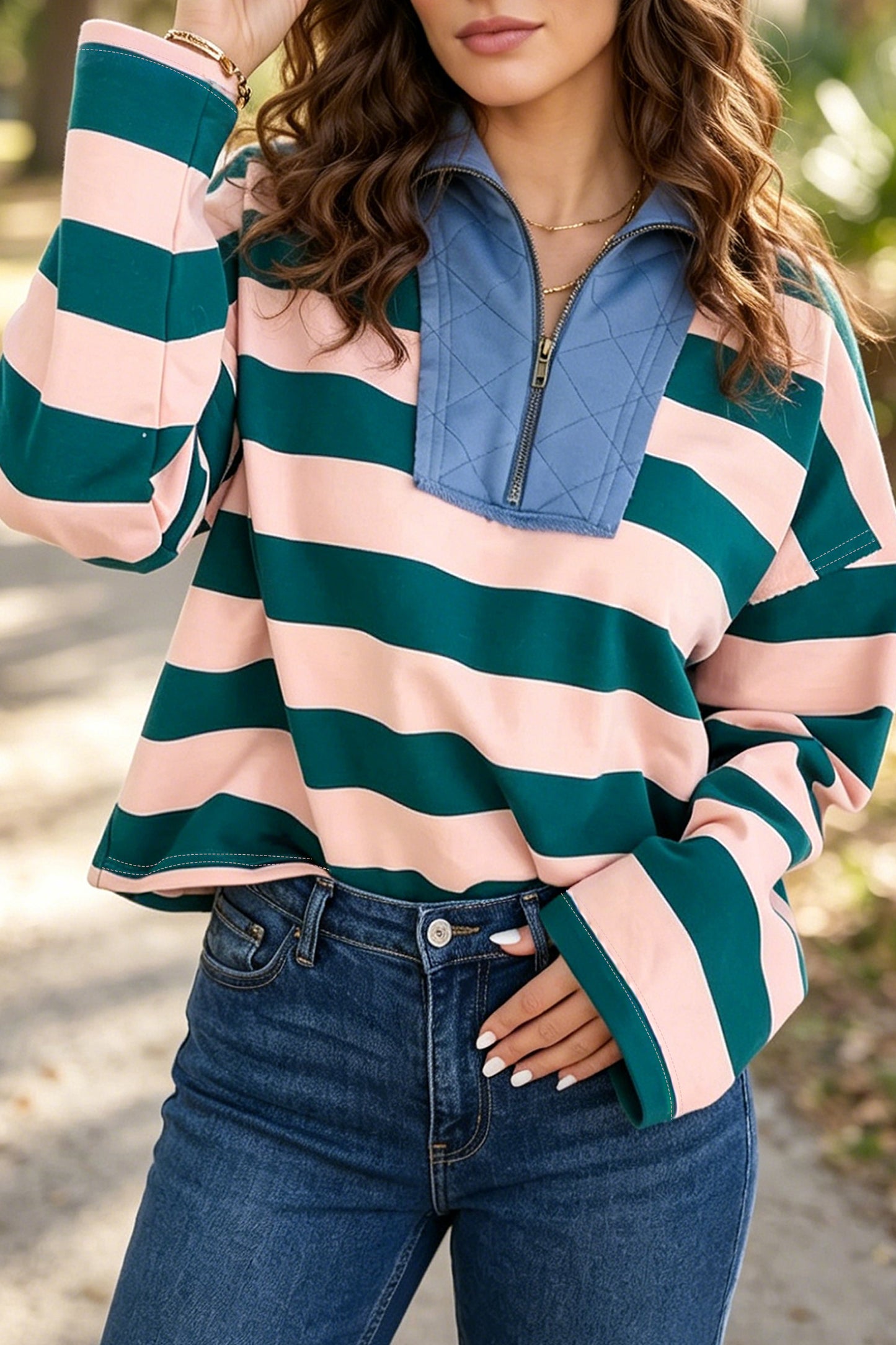 Green Stripe Quarter-Zip Metal Zipper Cover Stitch Hem Top-Tops/Long Sleeve Tops-[Adult]-[Female]-Green Stripe-S-2022 Online Blue Zone Planet