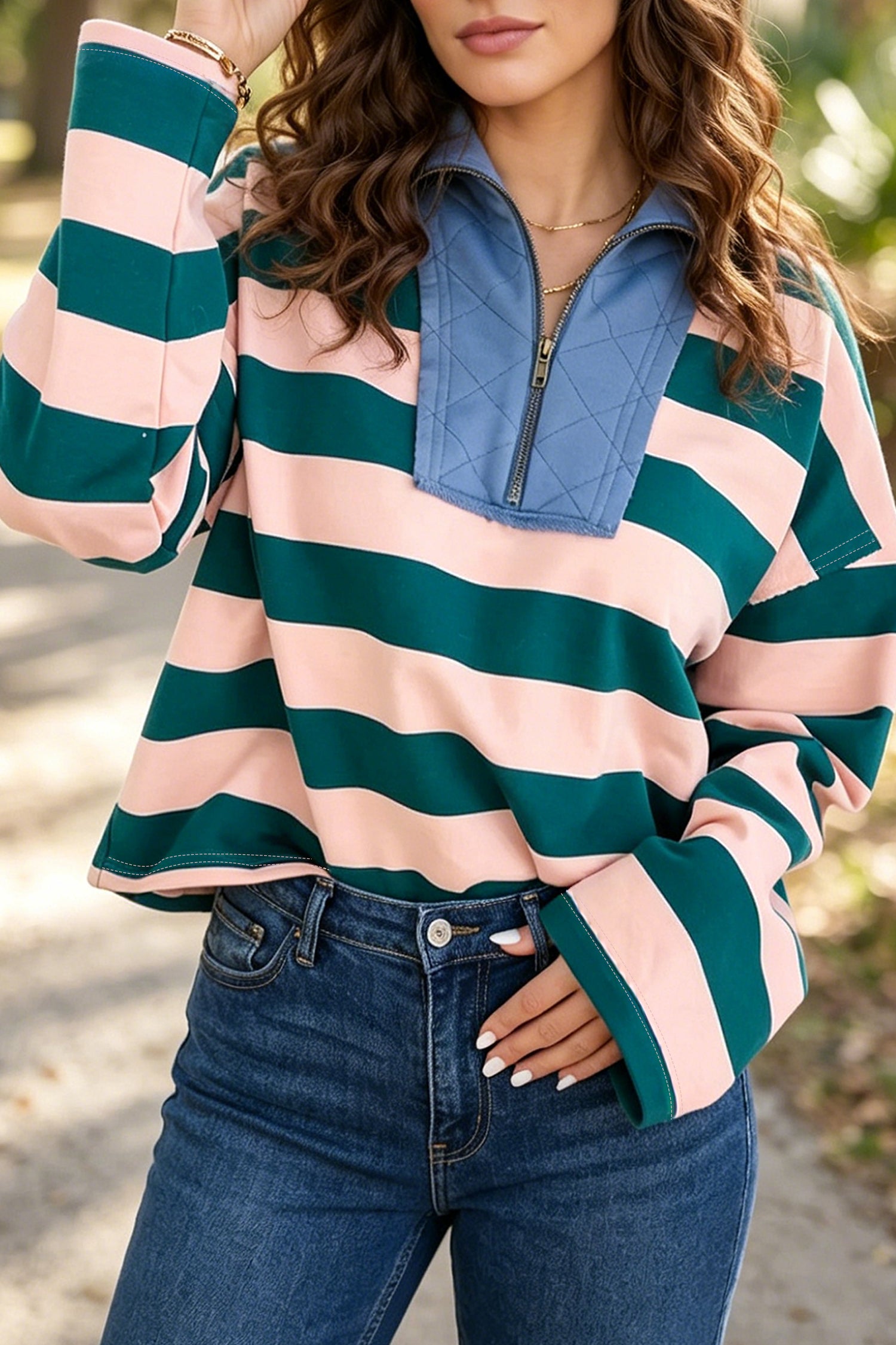 Green Stripe Quarter-Zip Metal Zipper Cover Stitch Hem Top-Tops/Long Sleeve Tops-[Adult]-[Female]-Green Stripe-S-2022 Online Blue Zone Planet