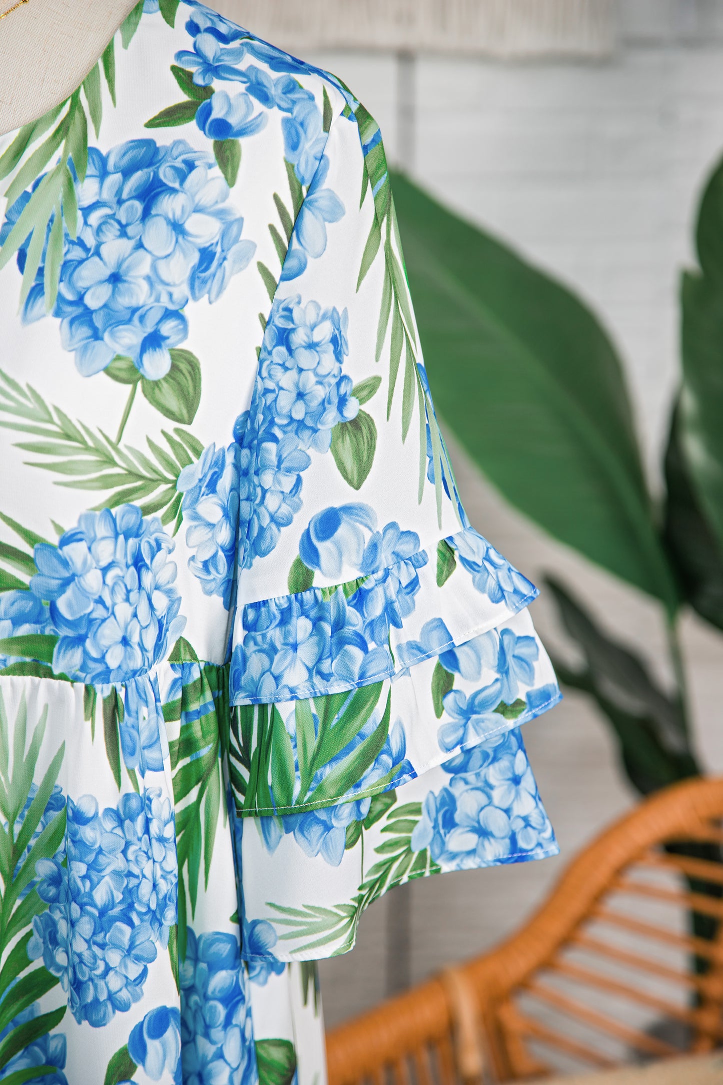 Sky Blue Palm Floral Print Contrast Ribbon Knot Ruffle Tiered Sleeve Mini Dress-Dresses/Floral Dresses-[Adult]-[Female]-2022 Online Blue Zone Planet