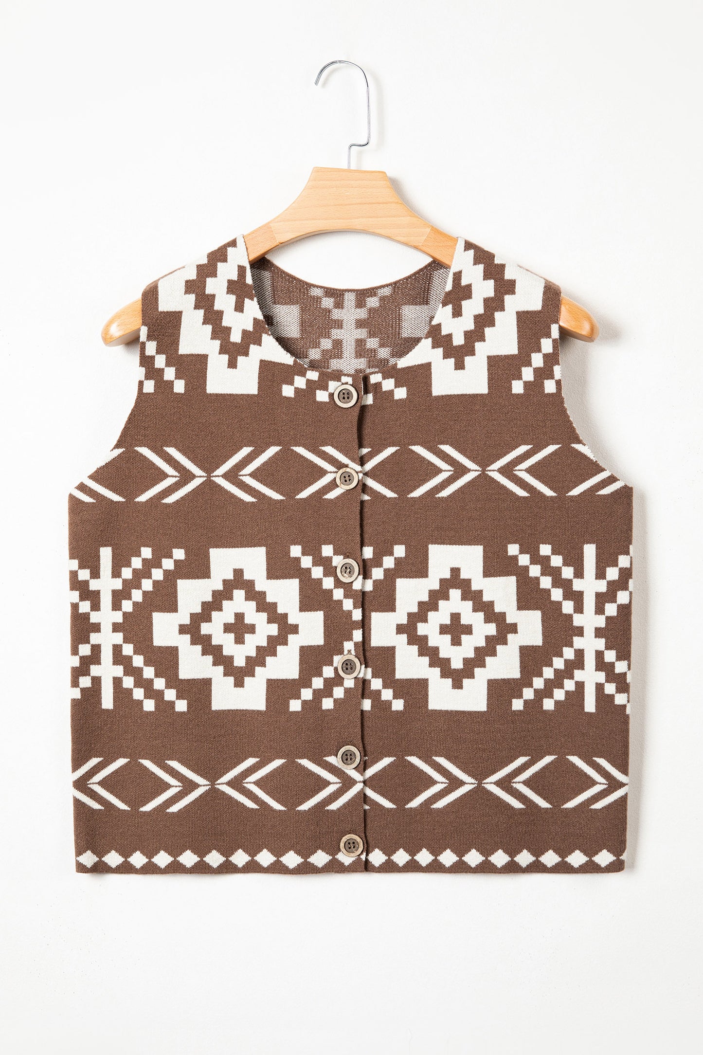 Brown Southwestern Aztec Button Square Neck Sweater Vest-Sweaters & Cardigans/Sweater Vests-[Adult]-[Female]-2022 Online Blue Zone Planet