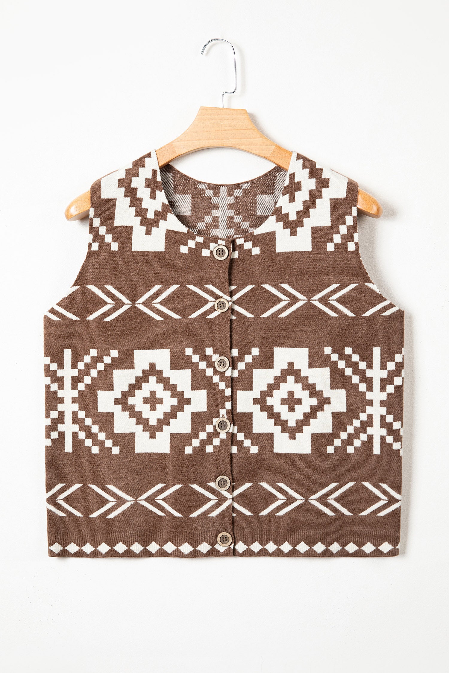 Brown Southwestern Aztec Button Square Neck Sweater Vest-Sweaters & Cardigans/Sweater Vests-[Adult]-[Female]-2022 Online Blue Zone Planet