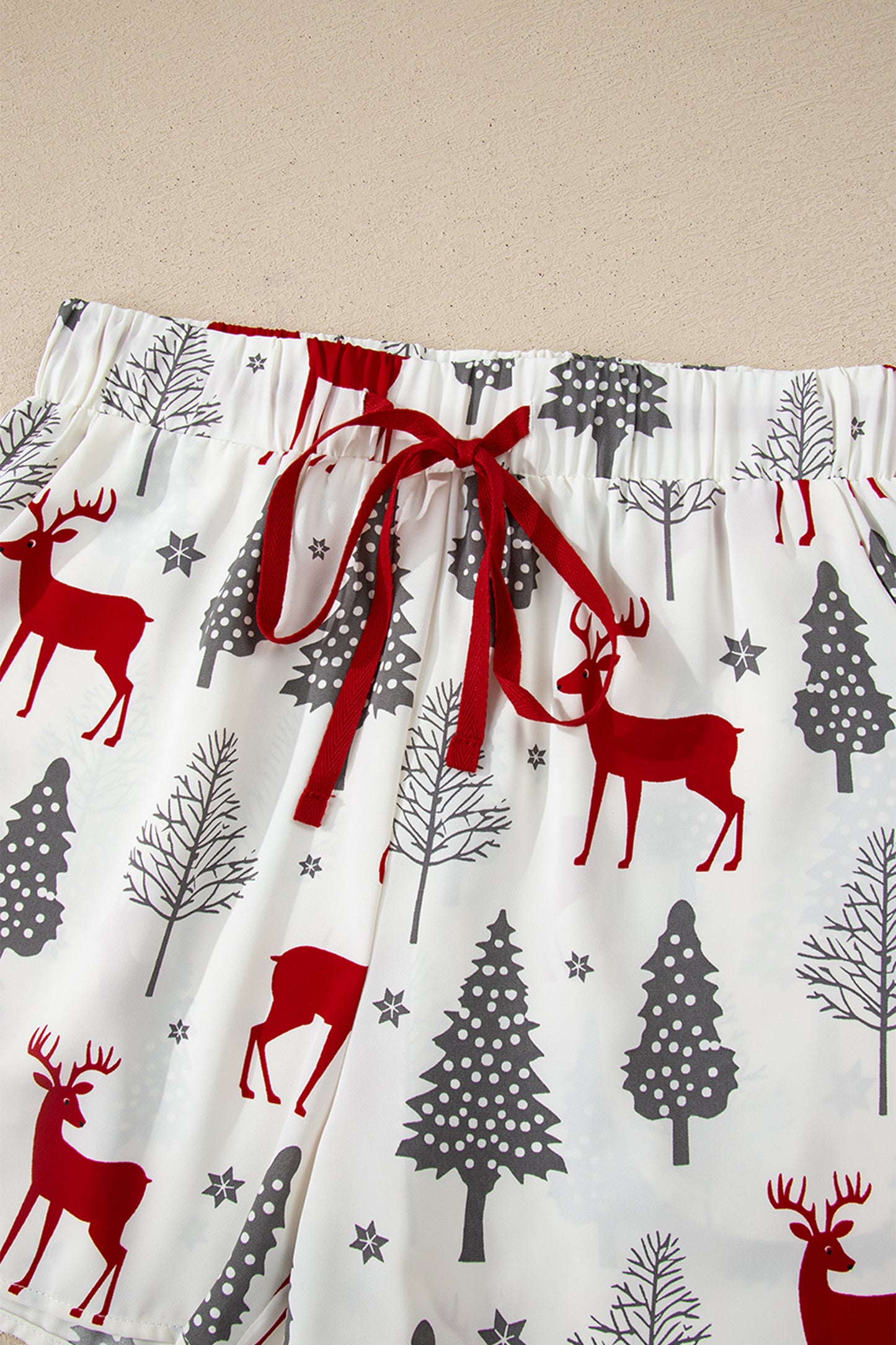 White Christmas Fashion Print Velvet Trim Bow Knot Pajama 2pcs Short Set-Loungewear & Sleepwear/Sleepwear-[Adult]-[Female]-2022 Online Blue Zone Planet