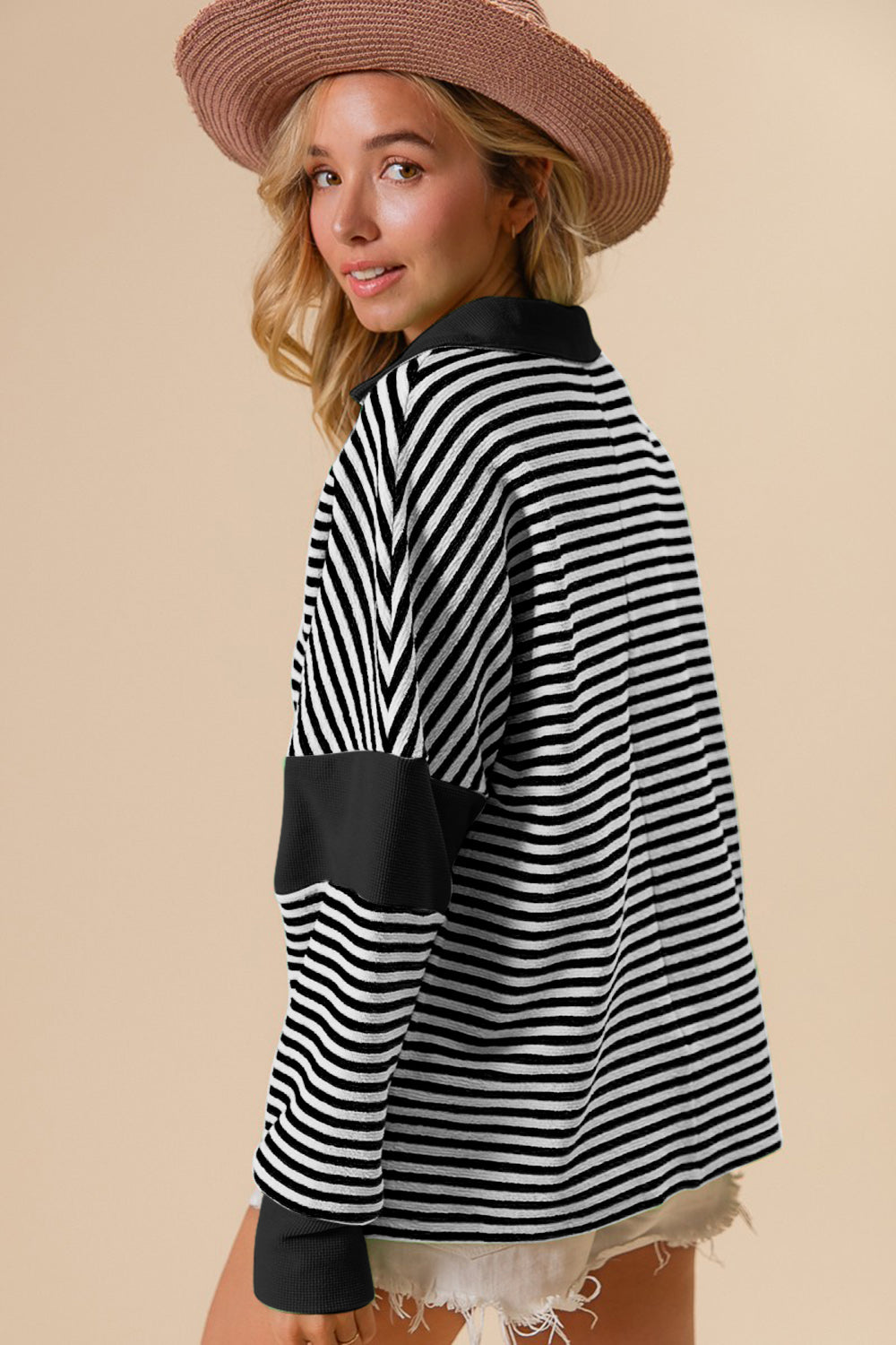 BiBi Striped Contrast Long Sleeve Knit Top-TOPS / DRESSES-[Adult]-[Female]-2022 Online Blue Zone Planet