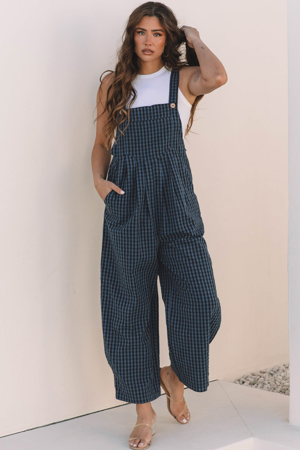 Blue Zone Planet | Sail Blue Plaid Print Buttoned Pocketed High Waist Overall-Bottoms/Jumpsuits & Rompers-[Adult]-[Female]-2022 Online Blue Zone Planet