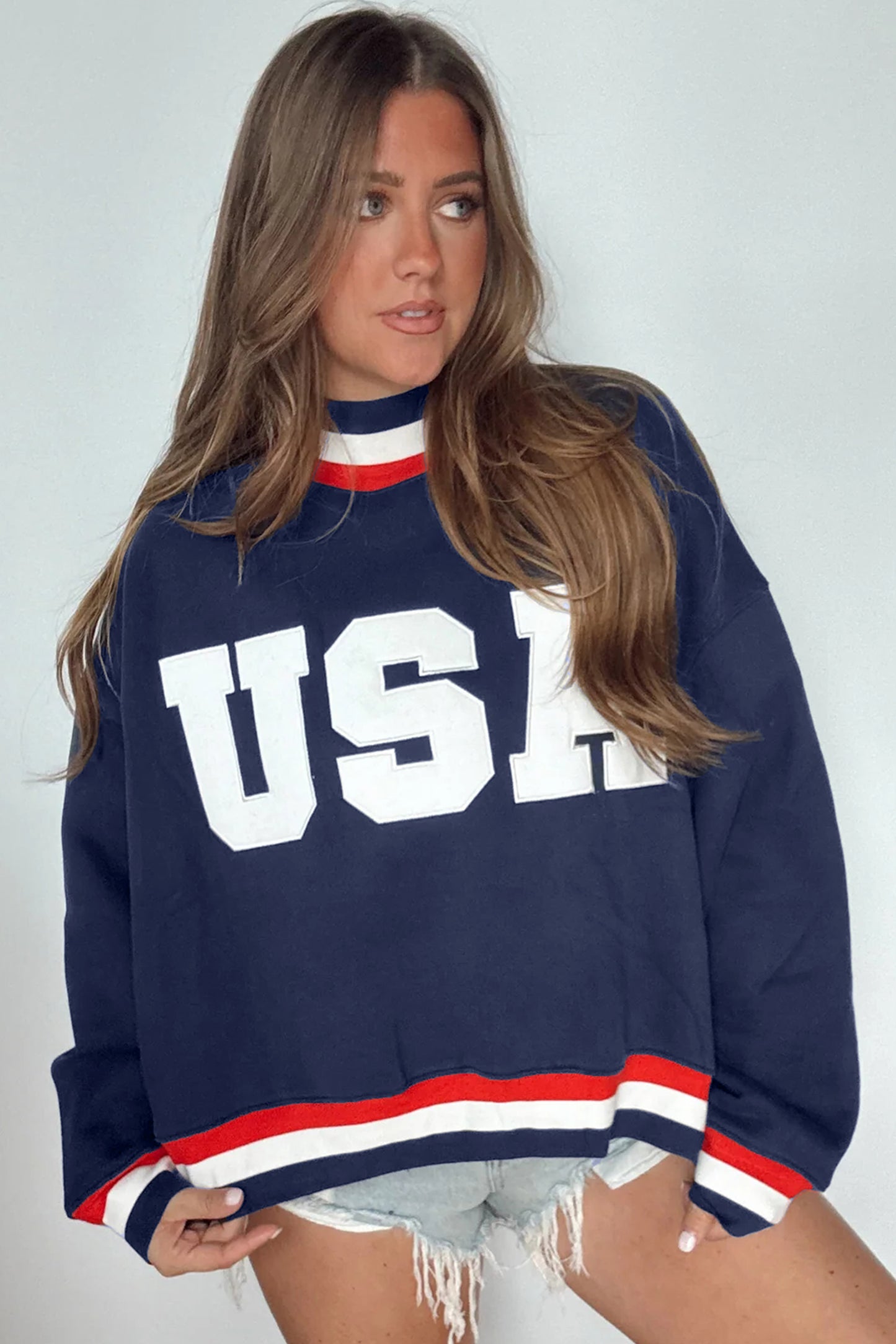 Dirty blue USA Slogan Patch Embroidery Colorblock High Neck Long Sleeve Sweatshirt-Tops/Sweatshirts & Hoodies-[Adult]-[Female]-2022 Online Blue Zone Planet