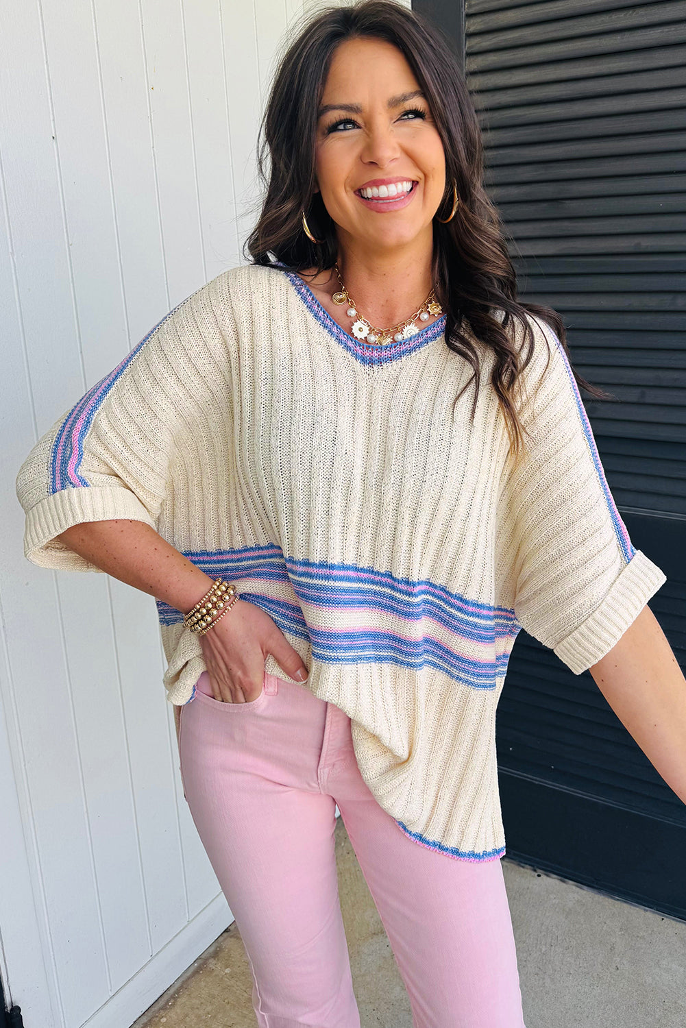 White Striped V Neck Dolman Sleeve Rib Knit Oversized Sweater with Slits-TOPS / DRESSES-[Adult]-[Female]-2022 Online Blue Zone Planet