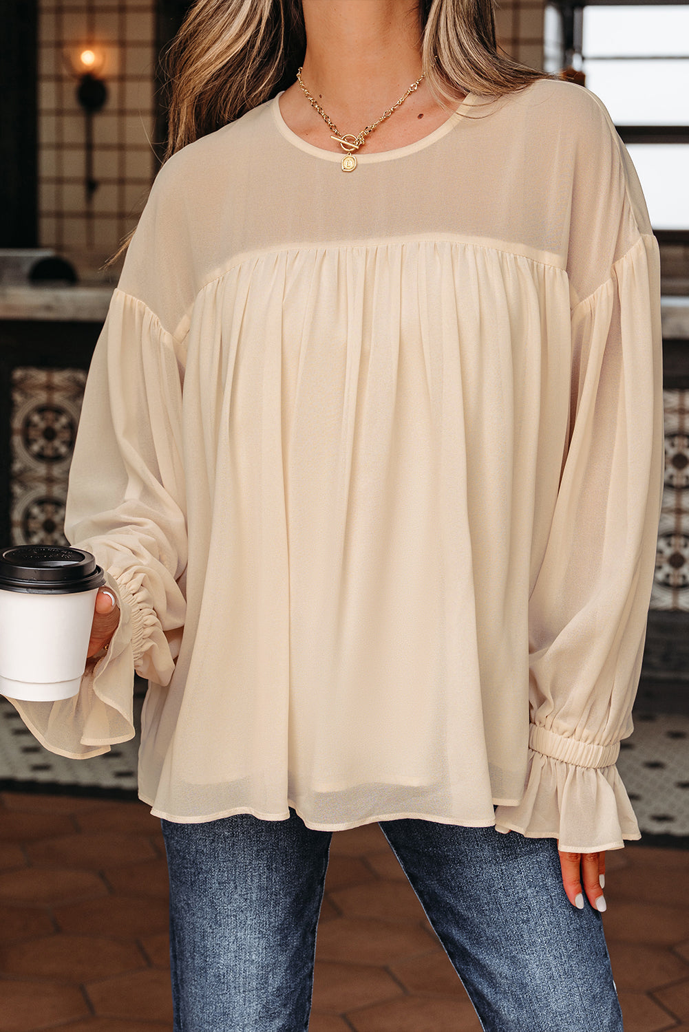 Parchment Pleated Ruffle Long Sleeve Chiffon Blouse-Tops/Blouses & Shirts-[Adult]-[Female]-2022 Online Blue Zone Planet