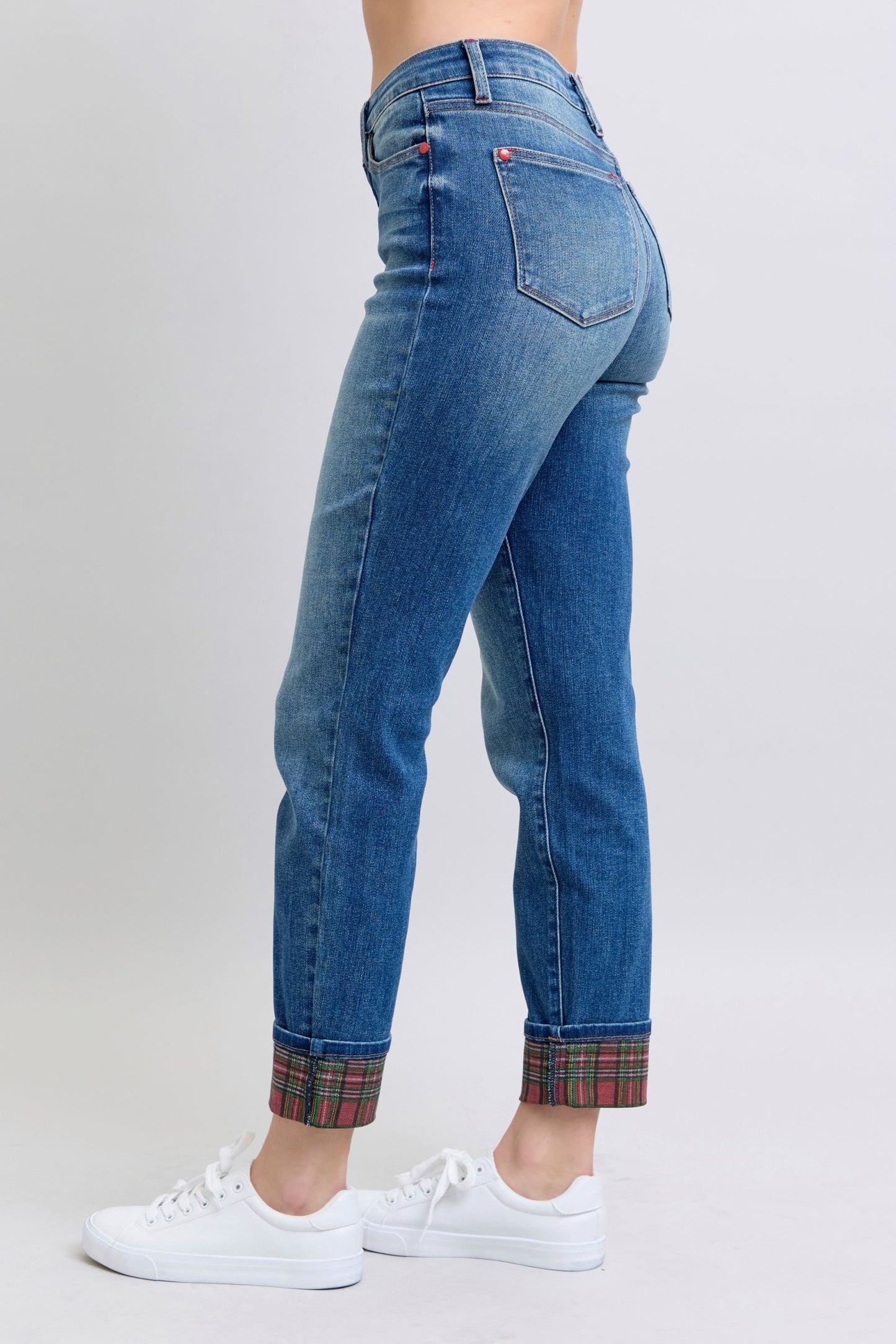 Blue Zone Planet | Judy Blue Full Size Plaid Print Cuff Straight Leg Jeans with Pockets-BOTTOMS SIZES SMALL MEDIUM LARGE-[Adult]-[Female]-2022 Online Blue Zone Planet