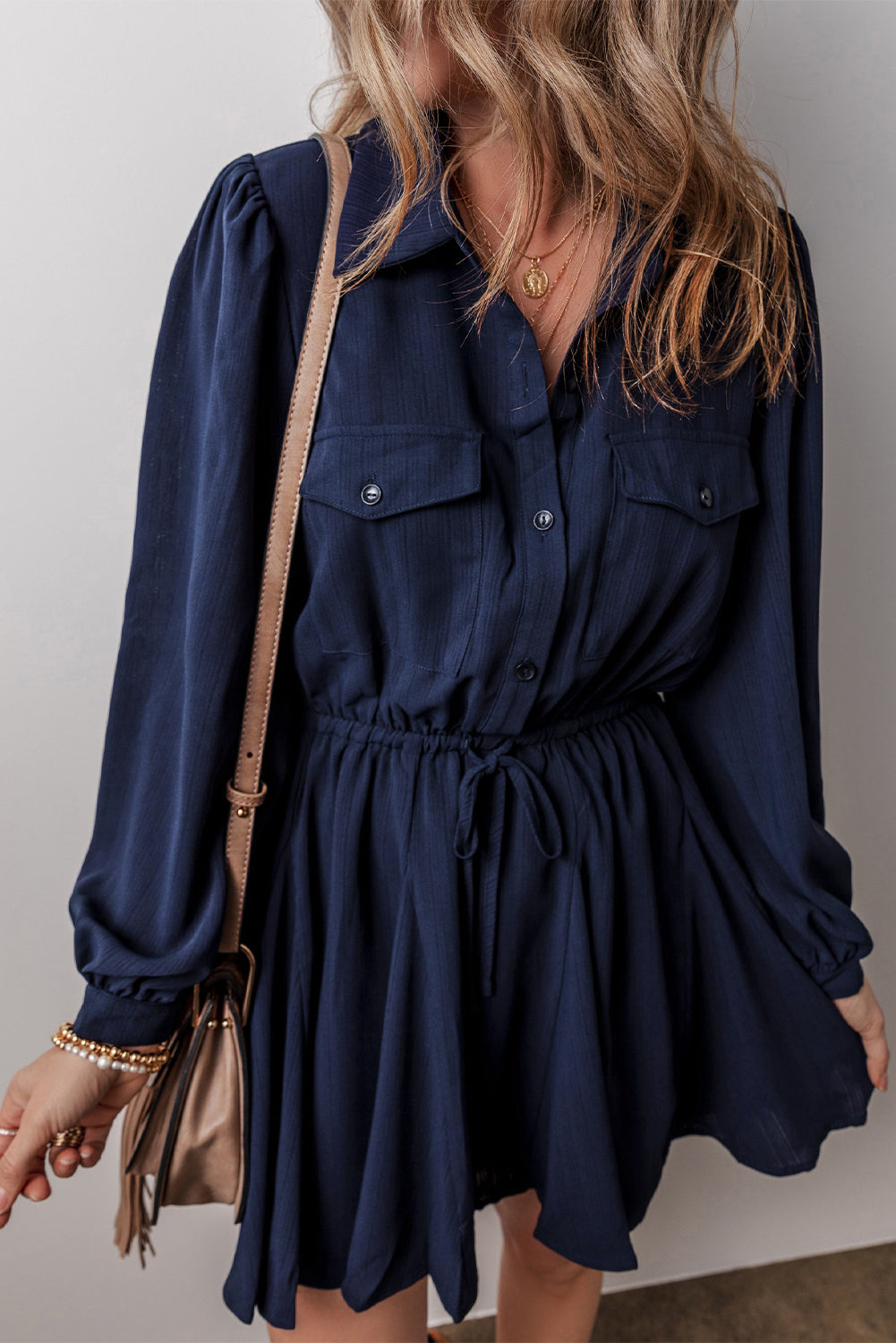 Navy Blue Solid Chest Pockets Tunic Shirt Mini Dress-Dresses/Mini Dresses-[Adult]-[Female]-2022 Online Blue Zone Planet