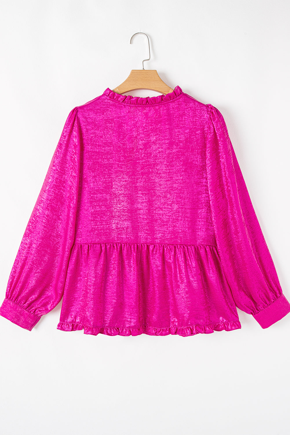 Rose Red Metallic Frilled V Neck Puff Sleeve Babydoll Blouse-Tops/Blouses & Shirts-[Adult]-[Female]-2022 Online Blue Zone Planet