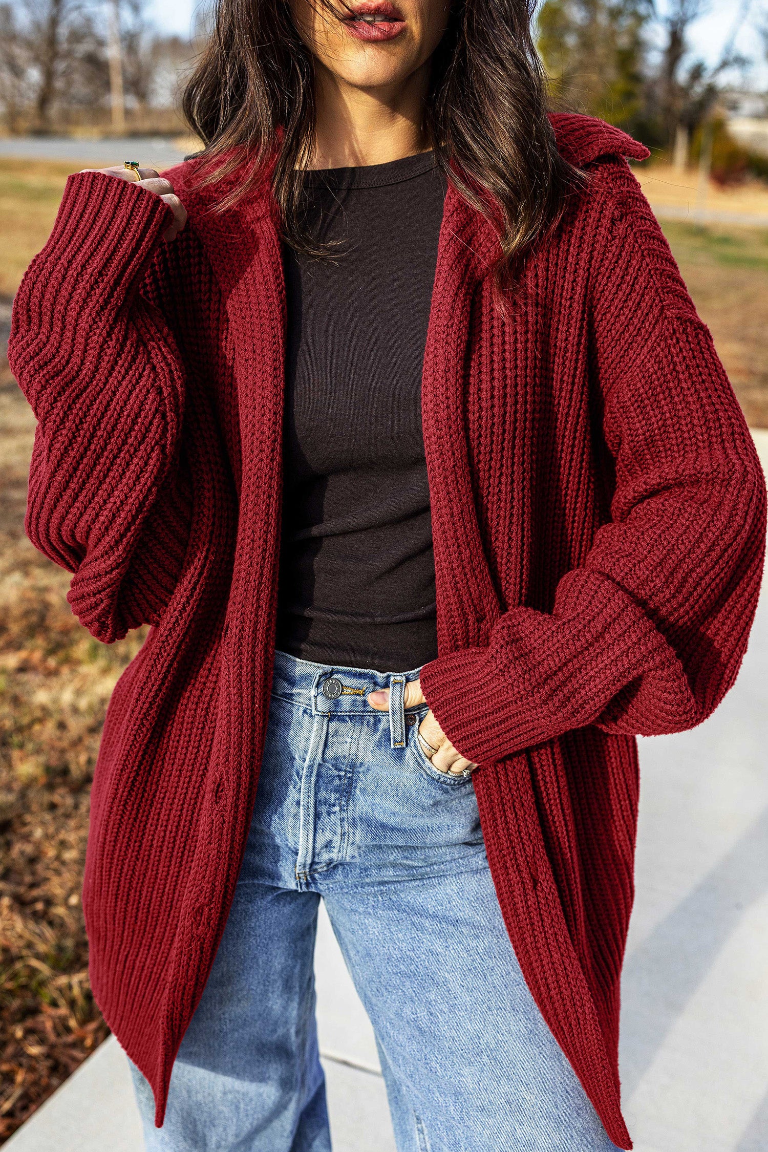 Red Dahlia Solid Color Knit Oversized Button Front Sweater Cardigan-Sweaters & Cardigans/Cardigans-[Adult]-[Female]-Red Dahlia-S-2022 Online Blue Zone Planet