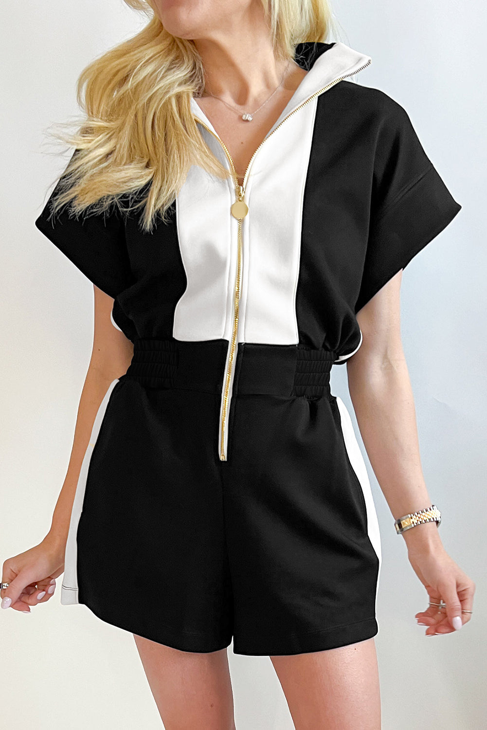 Black Contrast Collar Patchwork Zip Front Romper-Bottoms/Jumpsuits & Rompers-[Adult]-[Female]-2022 Online Blue Zone Planet