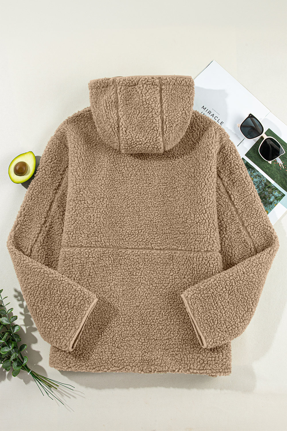Blue Zone Planet | Pale Khaki Fleece Zip Up Drawstring Hooded Pocketed Jacket-Tops / Dresses-[Adult]-[Female]-2022 Online Blue Zone Planet