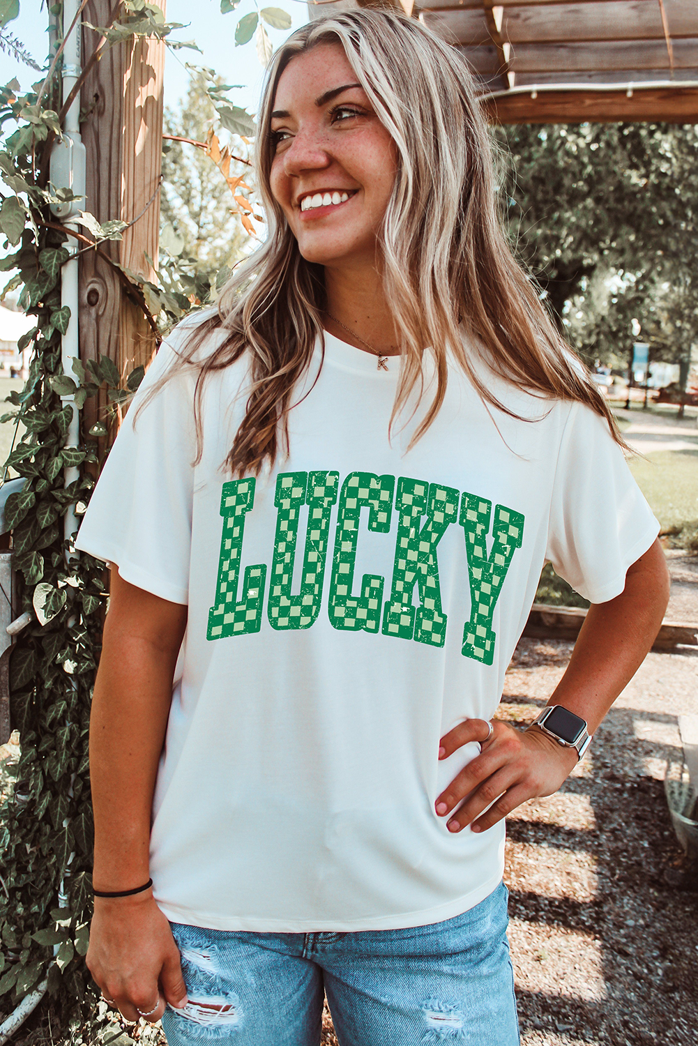 White Checkerboard LUCKY Graphic St Patrick Tee-Graphic Tees-[Adult]-[Female]-2022 Online Blue Zone Planet