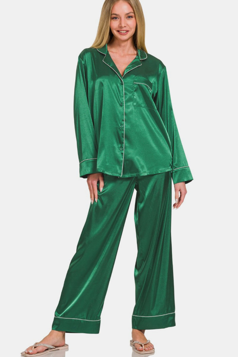 Zenana Satin Long Sleeve Shirt and Pants Pajama Set-TOPS / DRESSES-[Adult]-[Female]-Hunter Green-S-2022 Online Blue Zone Planet