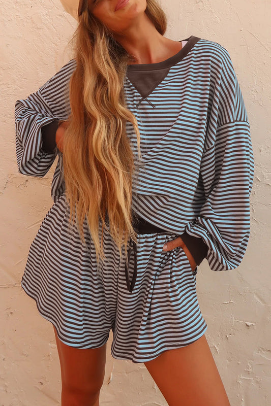 Brown Stripe Oversized Long Sleeve Top Drawstring Loose Shorts 2pcs Set-Two Piece Sets/Short Sets-[Adult]-[Female]-Brown Stripe-S-2022 Online Blue Zone Planet