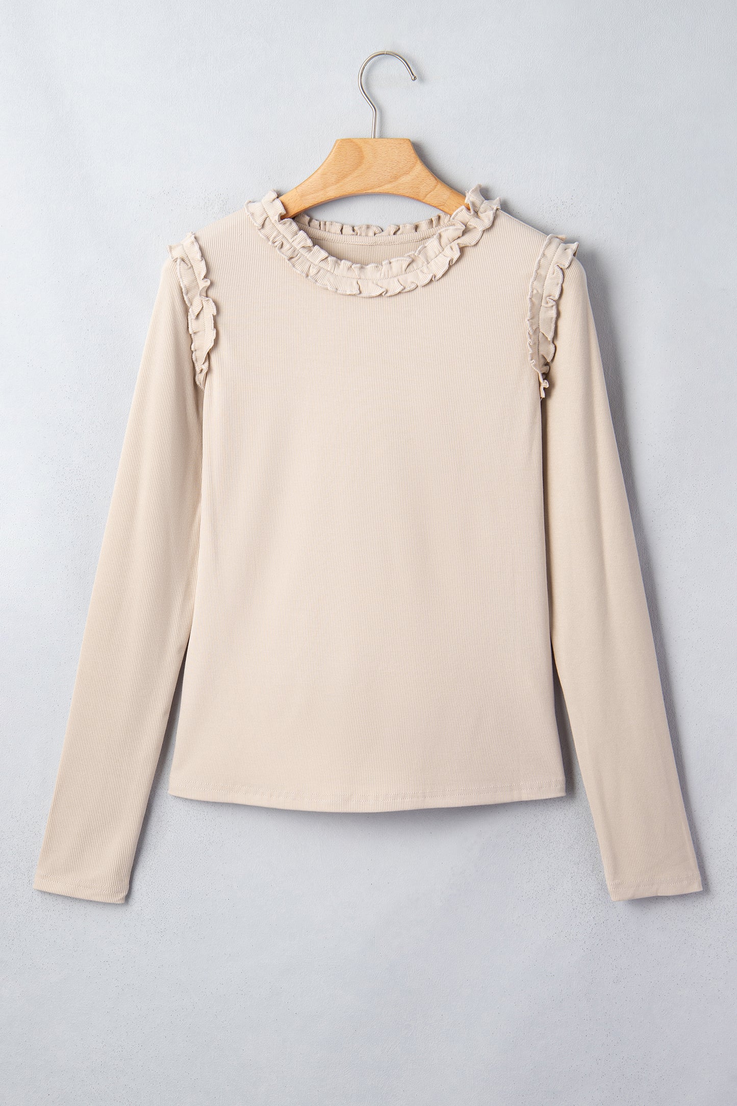 Beige Solid Color Round Neck Frill Detail Long Sleeve Top-Tops/Long Sleeve Tops-[Adult]-[Female]-2022 Online Blue Zone Planet