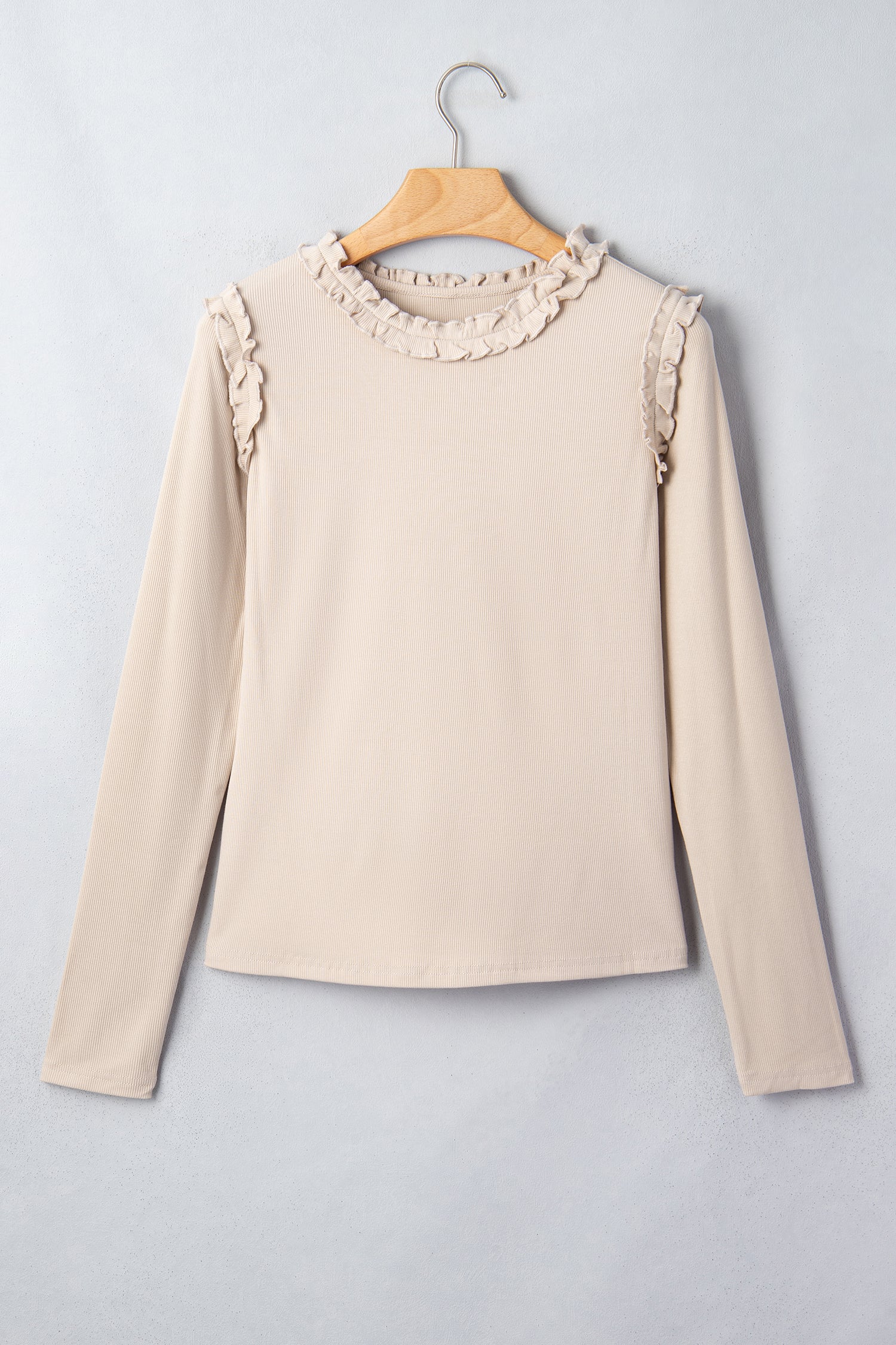 Beige Solid Color Round Neck Frill Detail Long Sleeve Top-Tops/Long Sleeve Tops-[Adult]-[Female]-2022 Online Blue Zone Planet