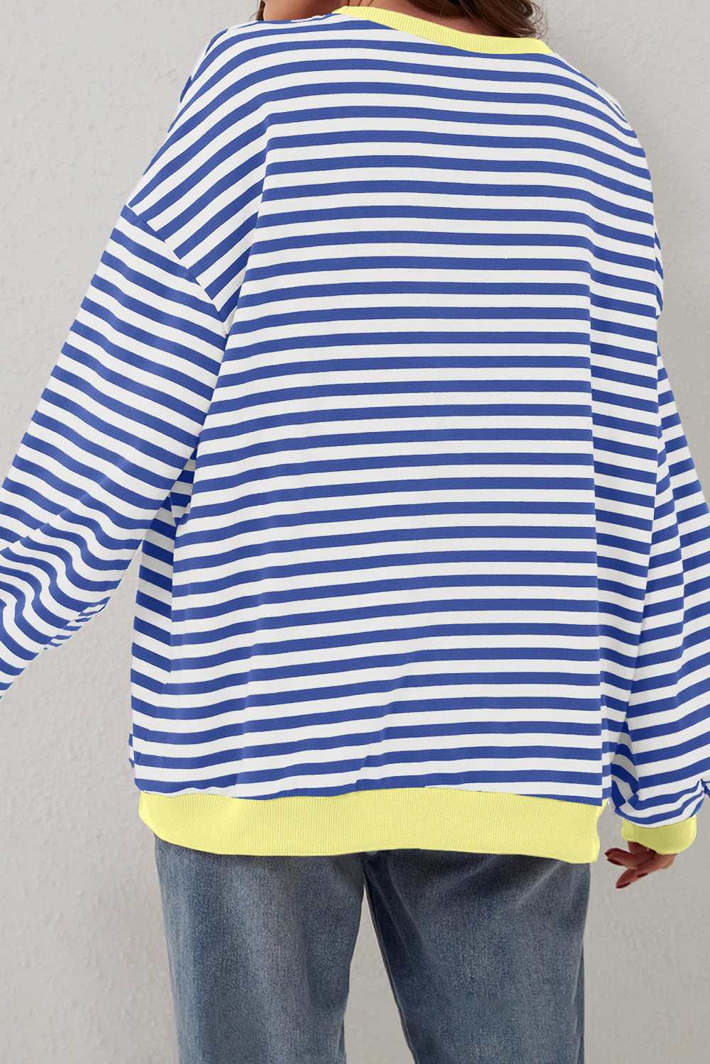 Sky Blue Stripe Oversized Contrast Trim Pullover Sweatshirt-Tops/Sweatshirts & Hoodies-[Adult]-[Female]-2022 Online Blue Zone Planet