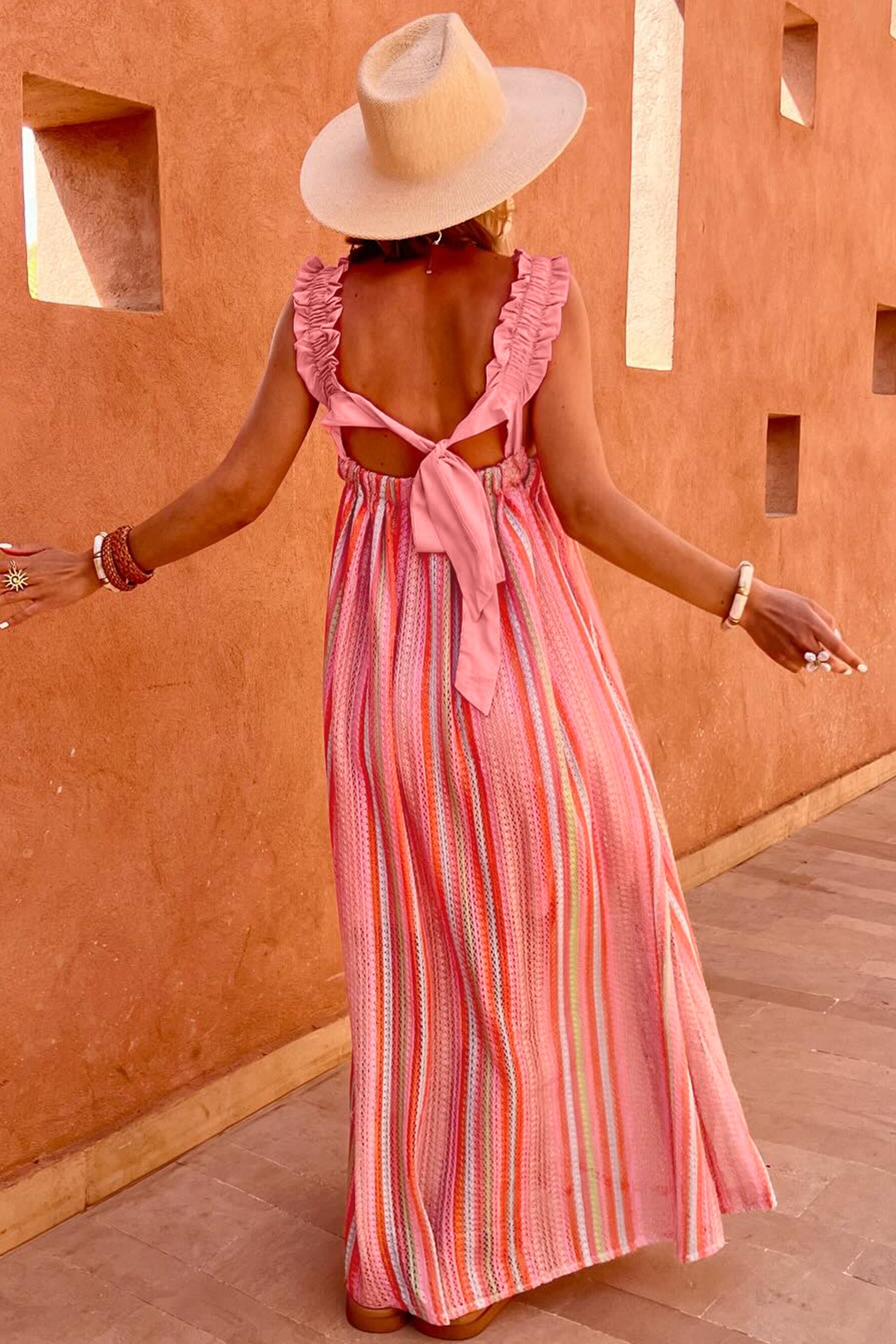 Pink Stripe Ruffled Straps Ribbon Knot Flowy Vacation Maxi Dress-TOPS / DRESSES-[Adult]-[Female]-2022 Online Blue Zone Planet